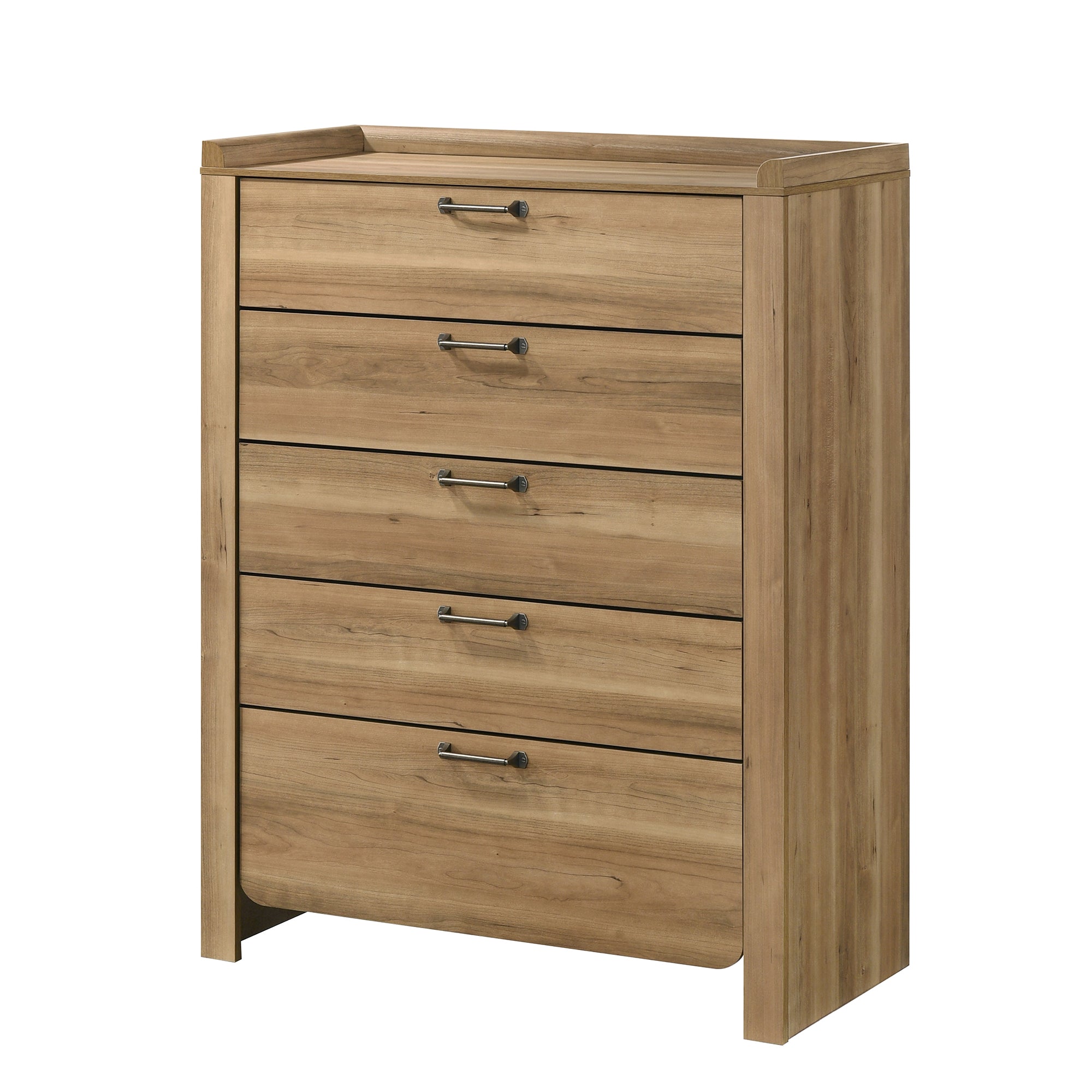 Transitional Natural Wood 5-Drawer Chest with Raised Edge Top & Curved Drawer Front – Fully Assembled