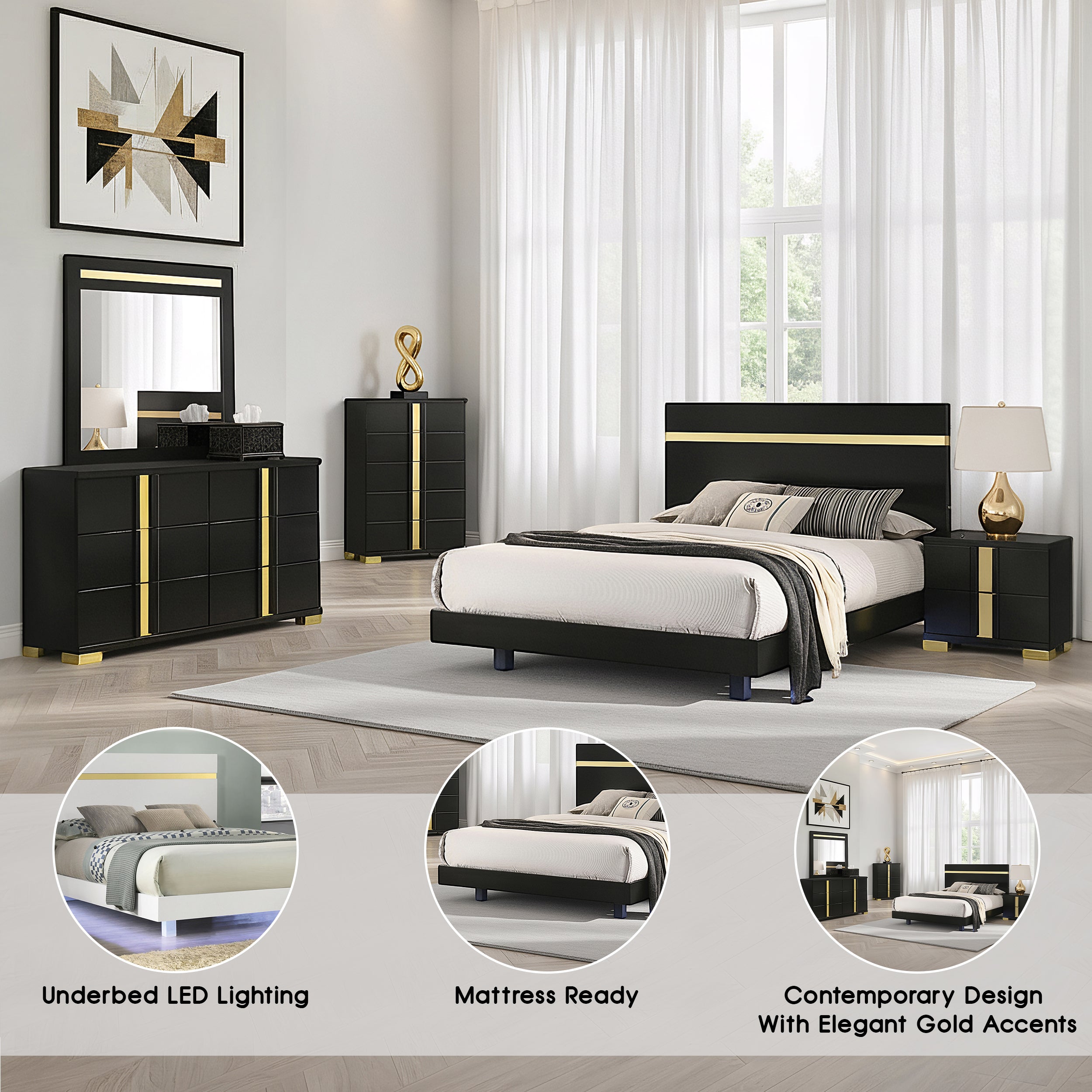 Vikholm Contemporary Bedroom Set, 5 Pieces