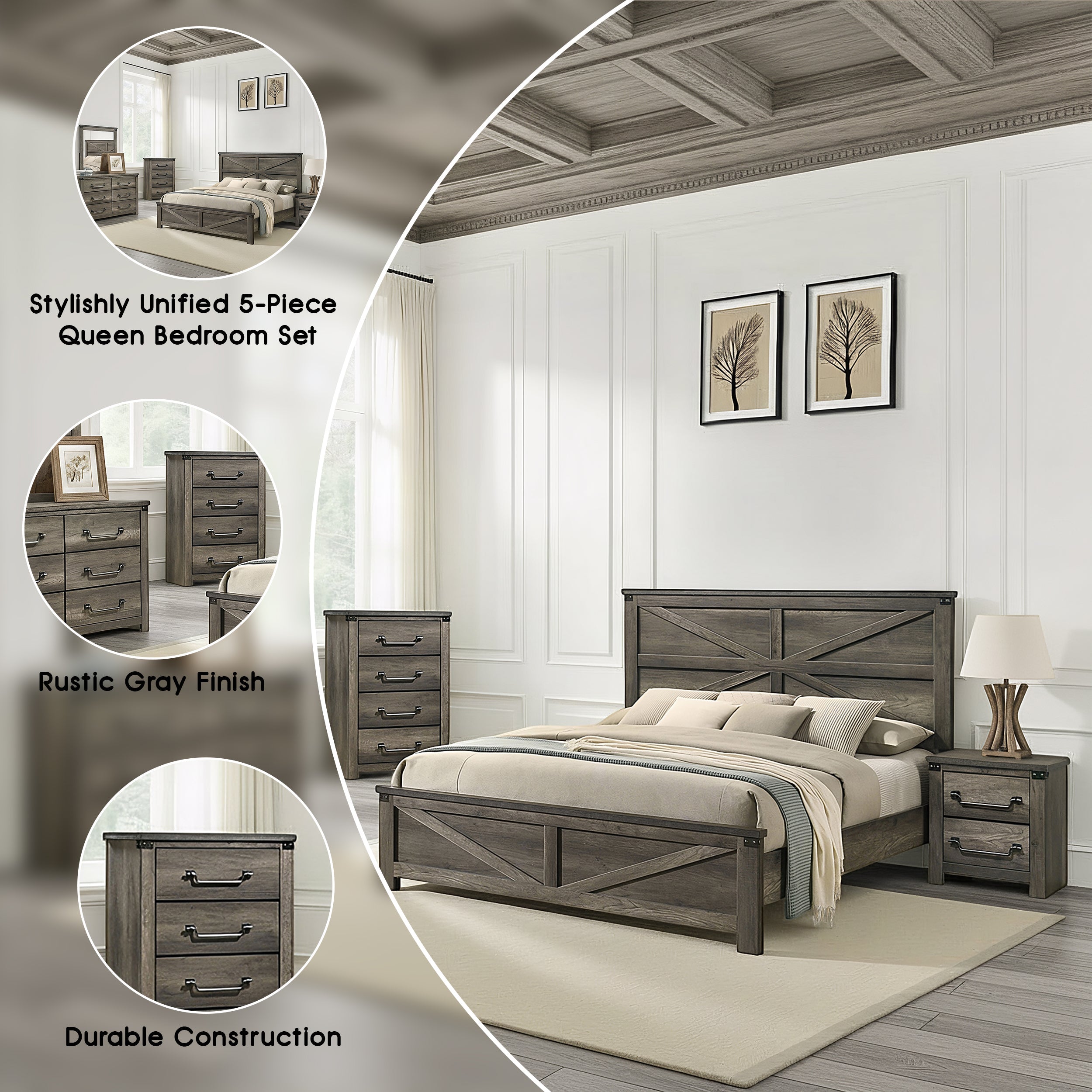 Arlingtona Rustic Farmhouse Bedroom Set, 5 Pieces