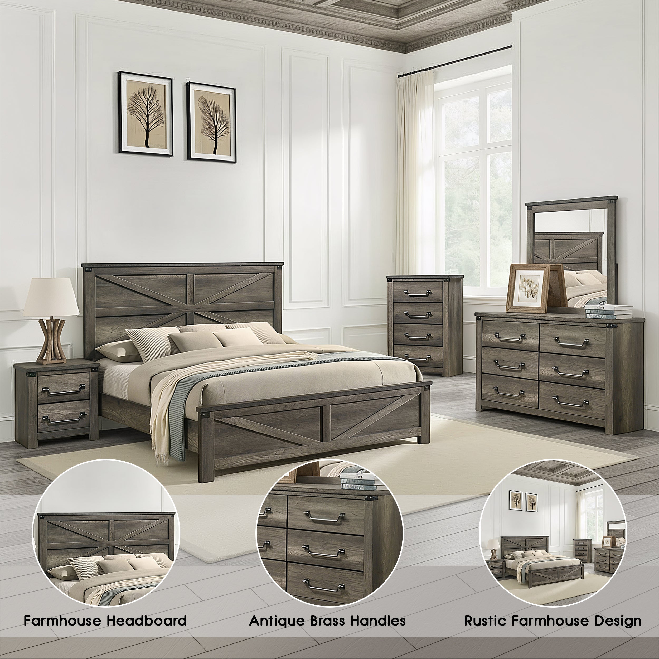Arlingtona Rustic Farmhouse Bedroom Set, 5 Pieces