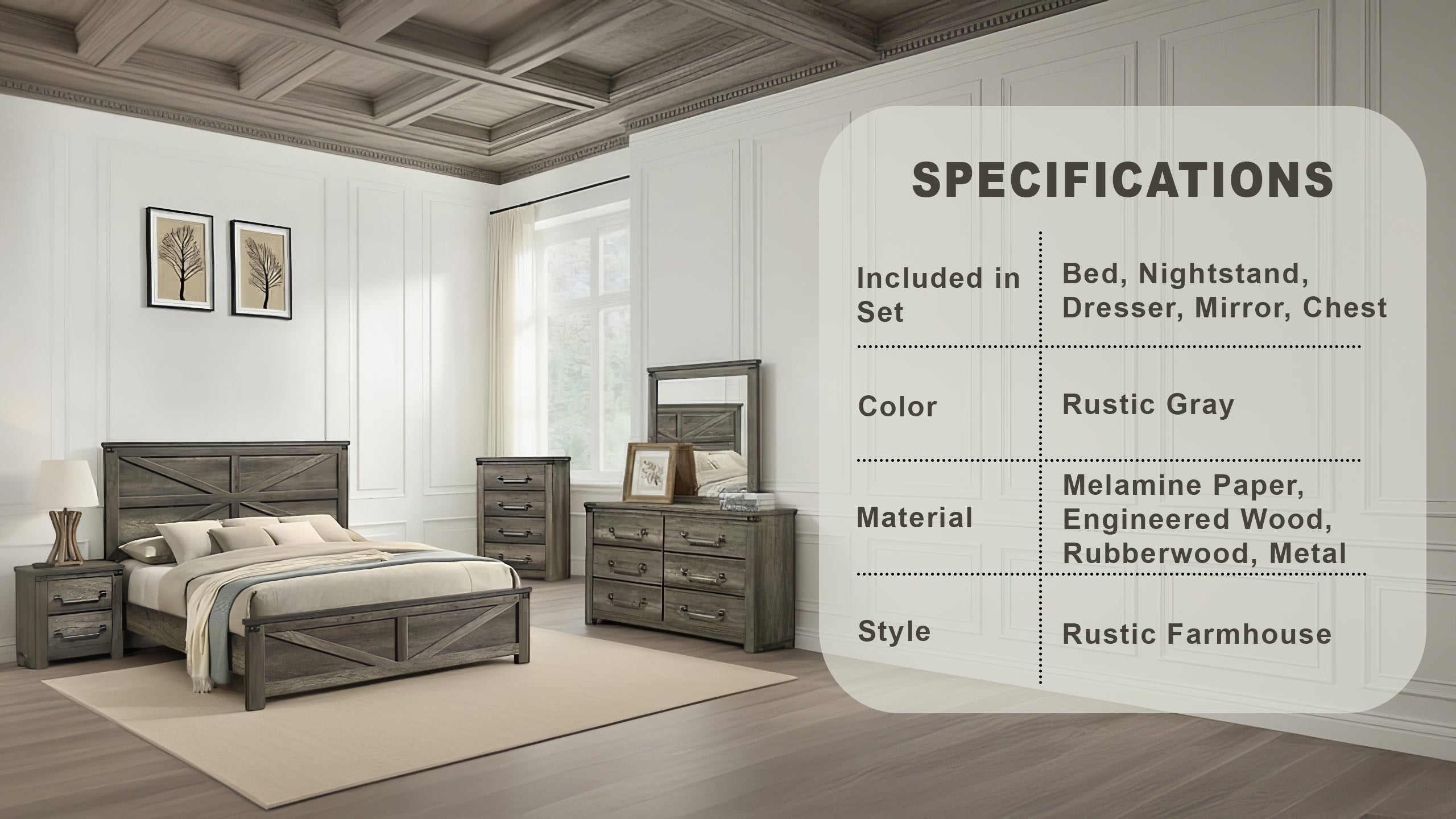 Arlingtona Rustic Farmhouse Bedroom Set, 5 Pieces