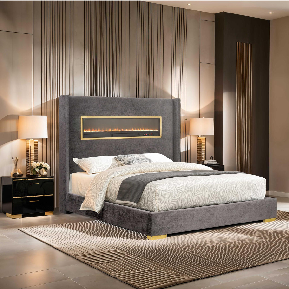 Contemporary Smart Platform Bed with 3D Fireplace LED Headboard, Bluetooth Audio, USB & TF Card Slots, Stainless Steel Frame