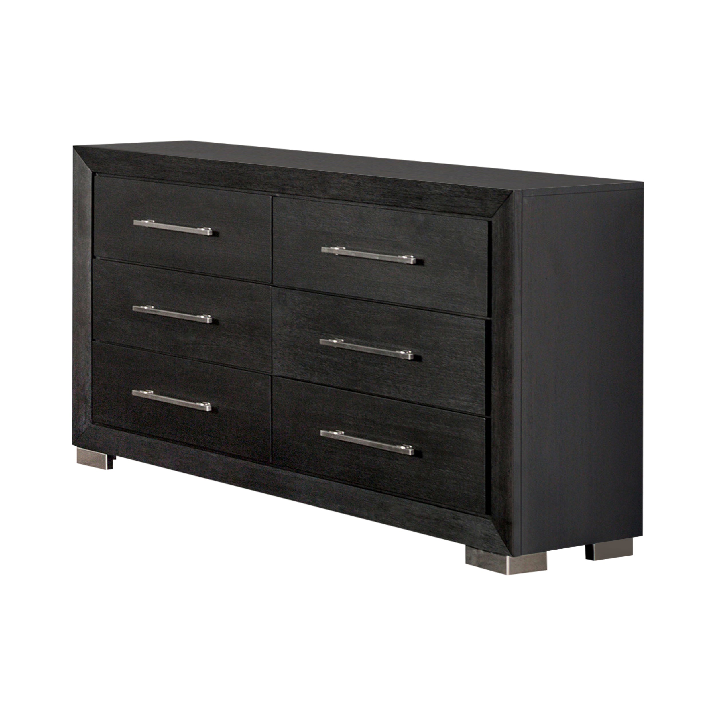 Ashen Wide Dresser, 6 Drawers, Black , Chrome Metal Benjara Ashen Wide Dresser, 6 Drawers, Black , Chrome Metal Benjara