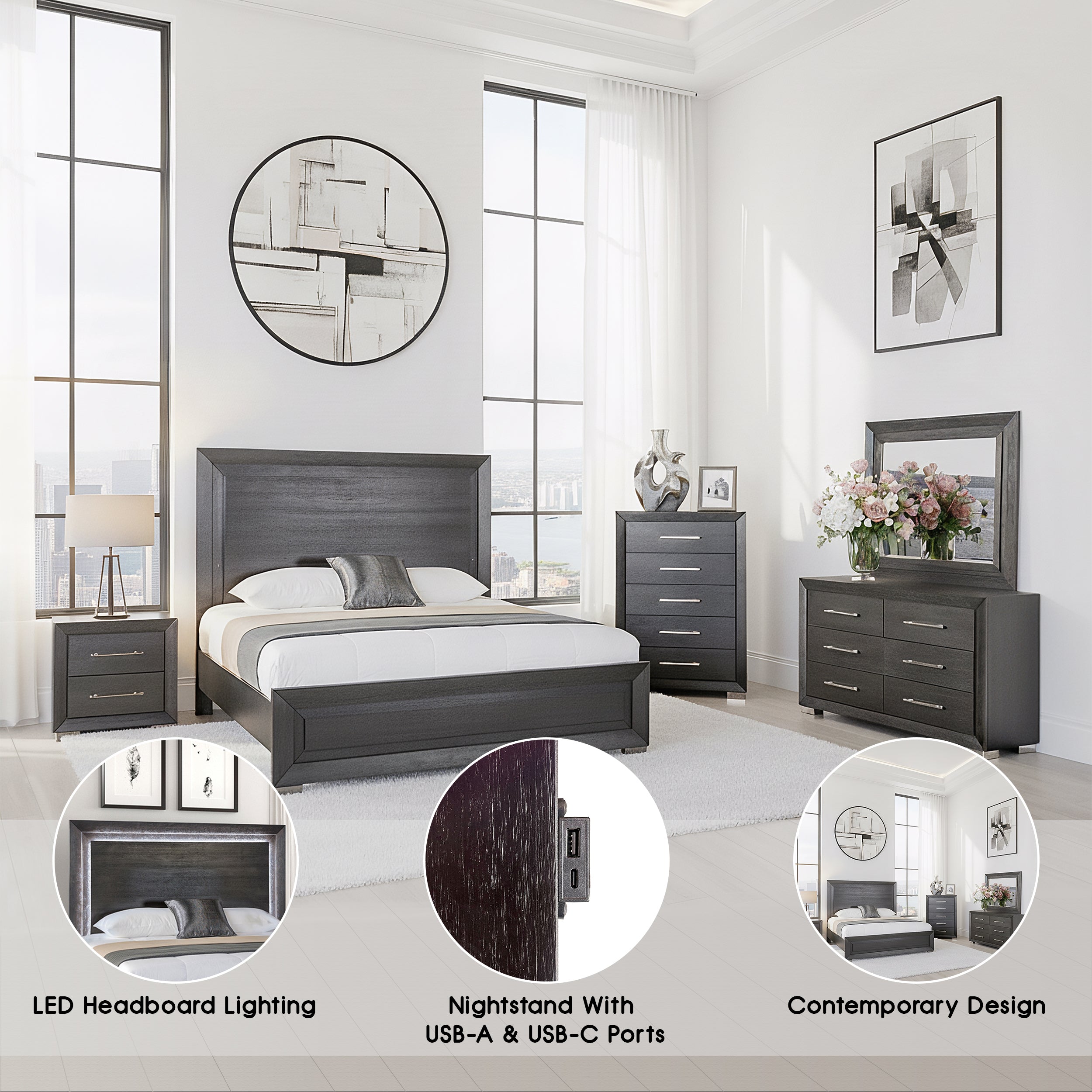 Bramley Contemporary Bedroom Set, 5 Pieces