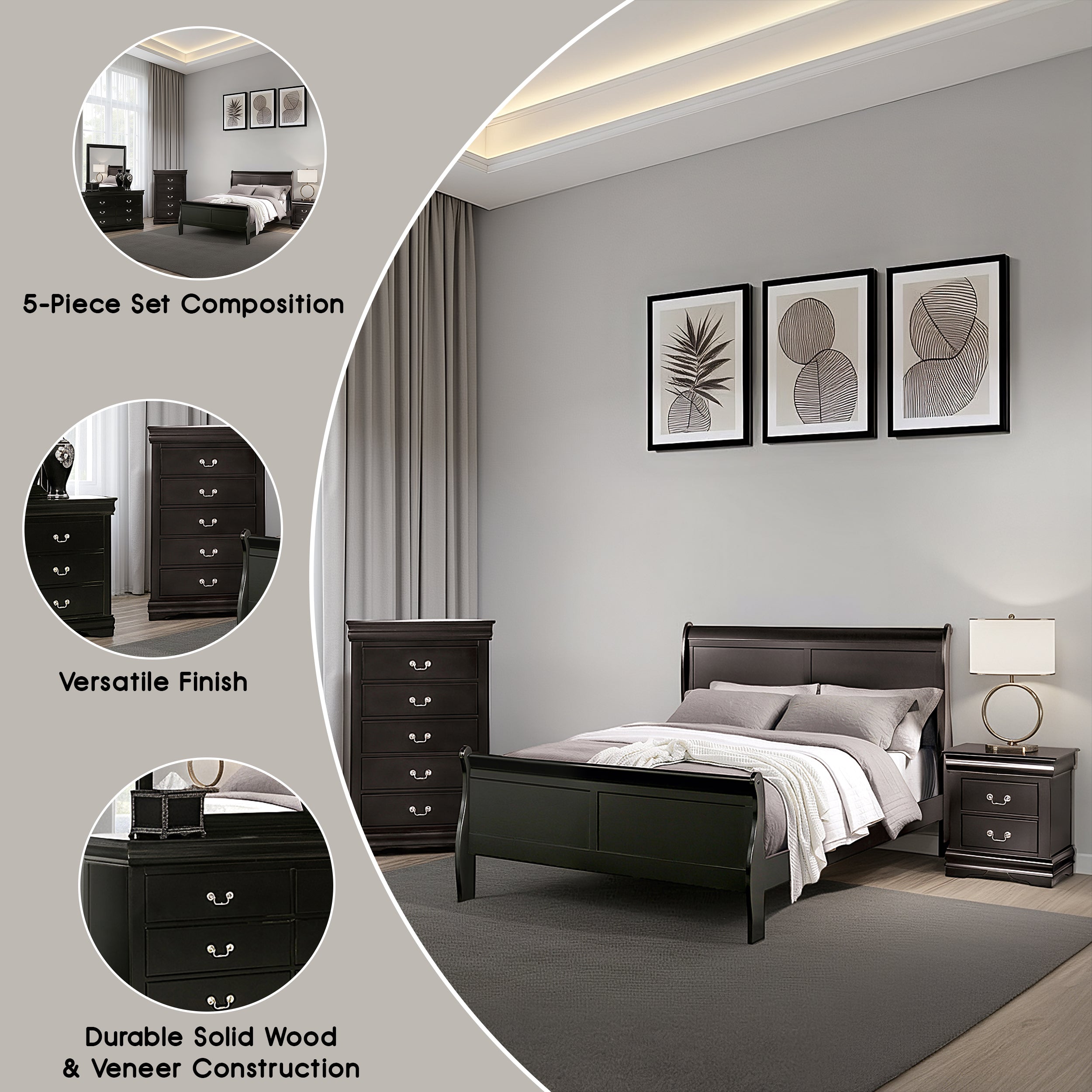 Duc De Savoie Transitional Bedroom Set, 5 Pieces