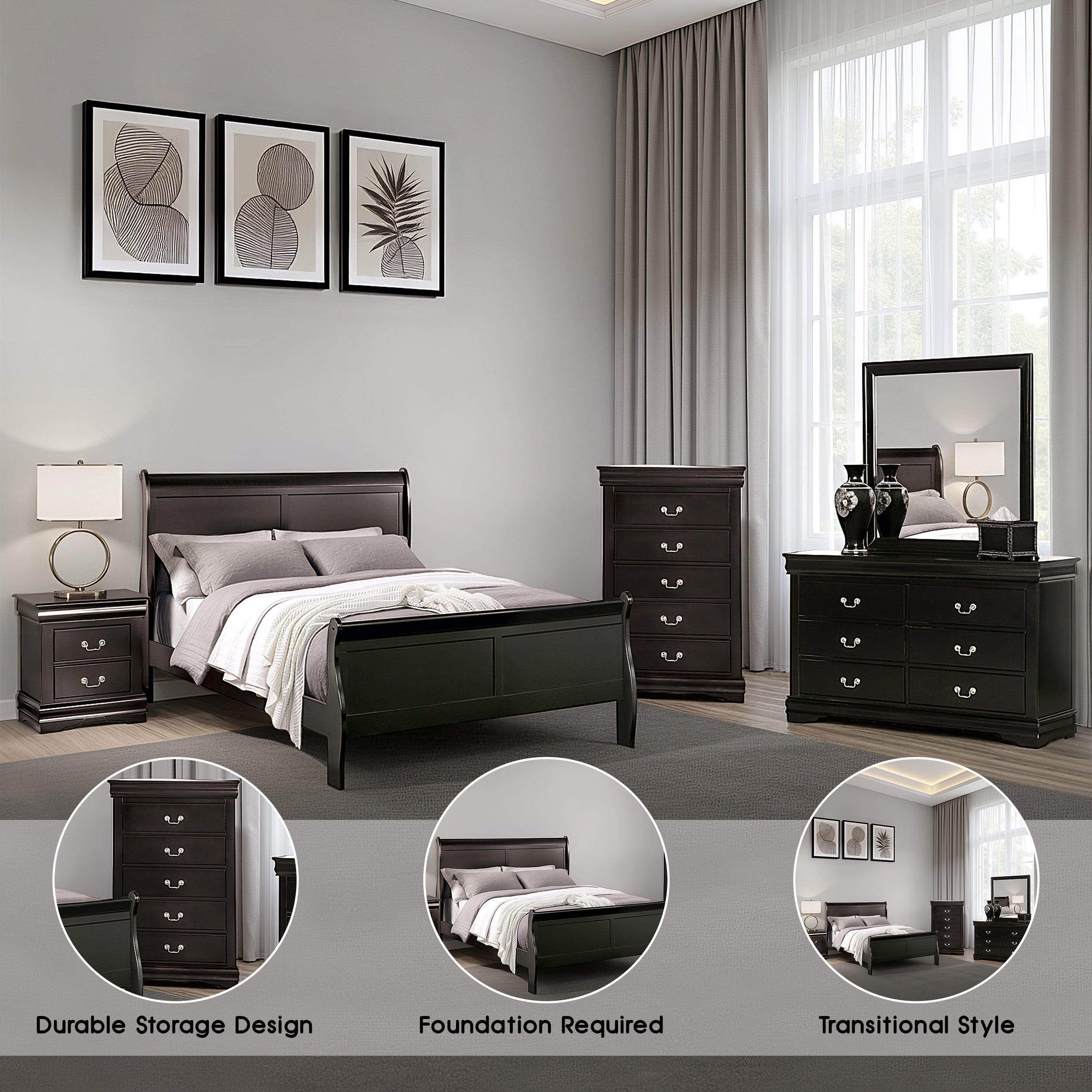 Duc De Savoie Transitional Bedroom Set, 5 Pieces