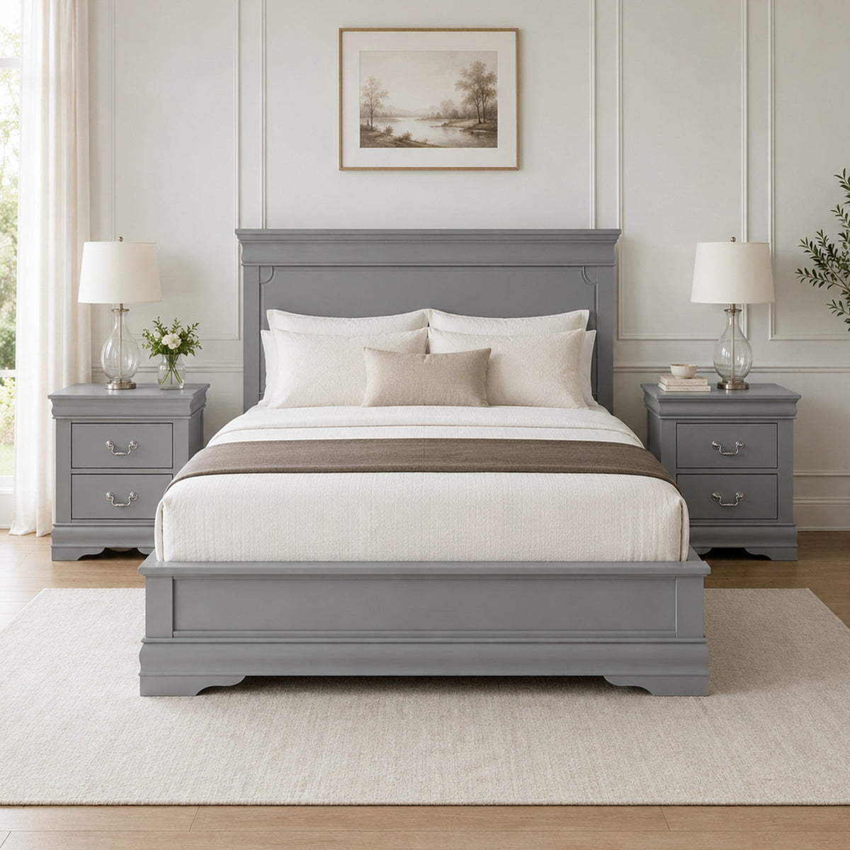 3-Piece Transitional Sleigh Bedroom Set with Solid Wood Bed & 2 Nightstands | Timeless Wood Design