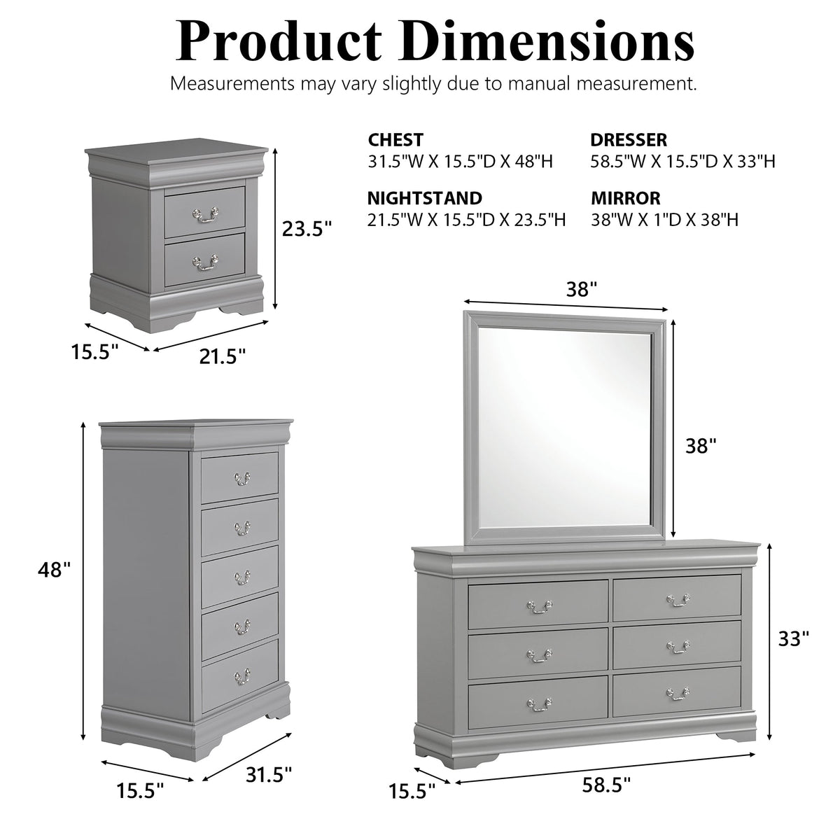 3-Piece Transitional Bedroom Storage Set with Nightstand, Chest & Dresser (Mirror Optional)