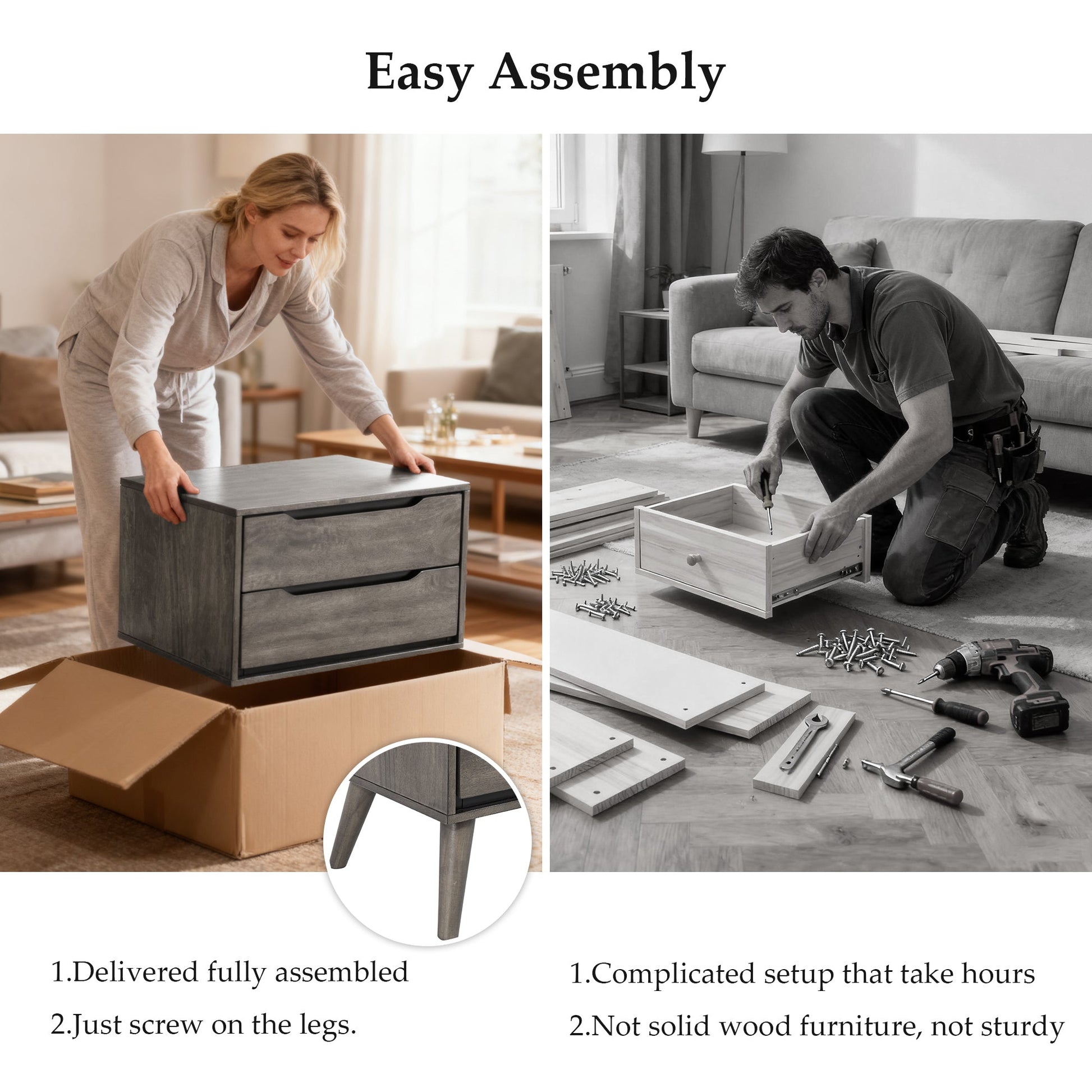 Gray-colored modern wooden nightstand (illustration image) - No installation required