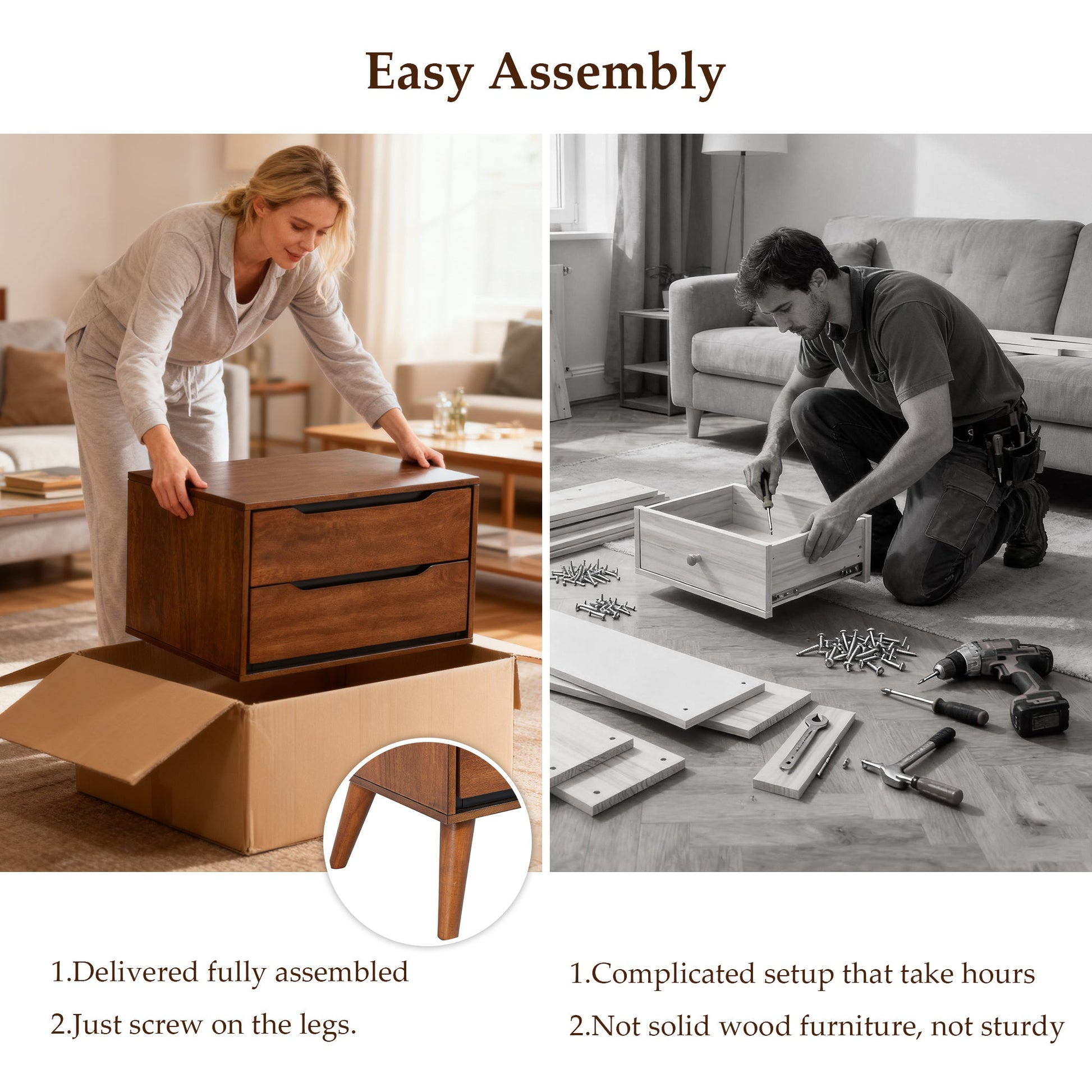 Oak-colored modern wooden nightstand (illustration image) - No installation required