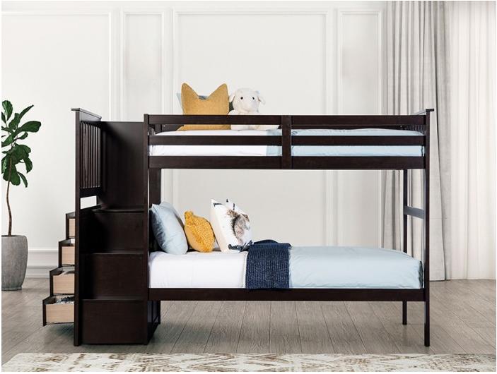 Ontario Space-Saving Twin Over Twin Bunk Bed with Built-In Storage Stairs – Espresso Finish