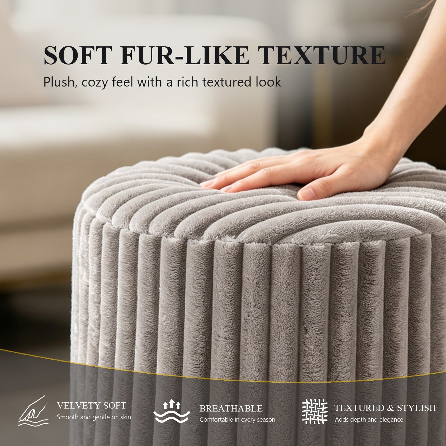 Contemporary Faux Fur Accent Stool with Gold Stainless Steel Base – Fully Assembled