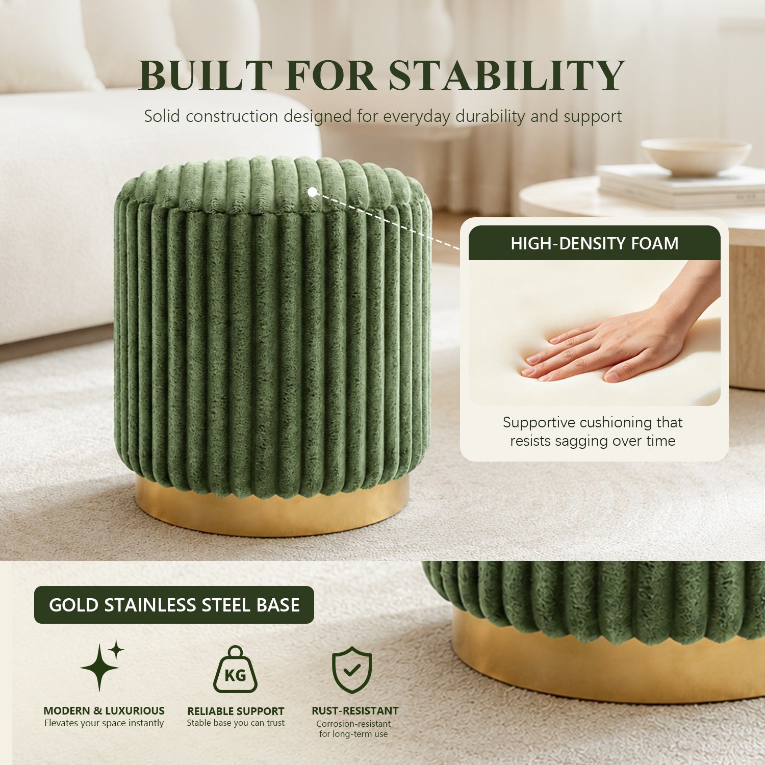 Contemporary Faux Fur Accent Stool with Gold Stainless Steel Base – Fully Assembled