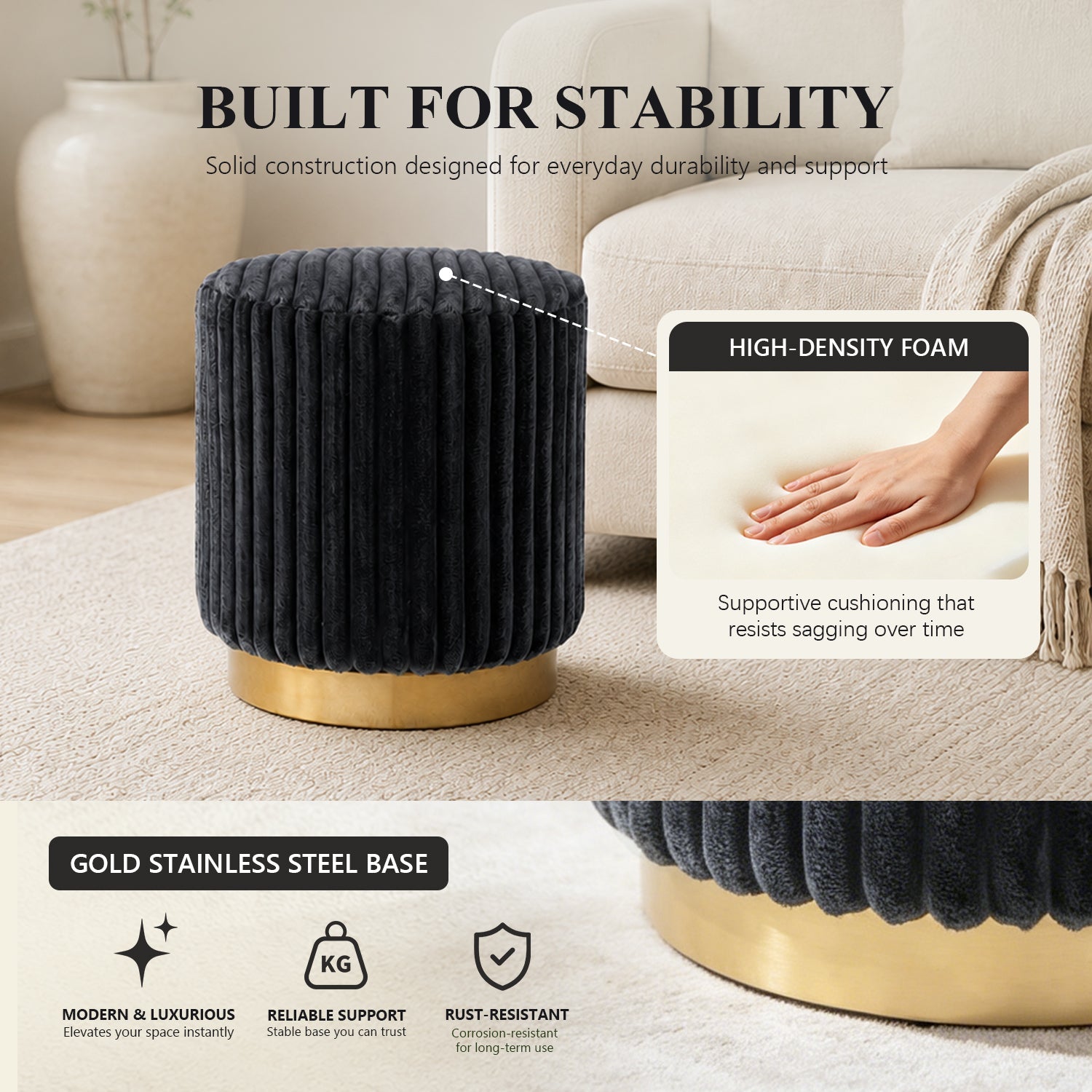 Contemporary Faux Fur Accent Stool with Gold Stainless Steel Base – Fully Assembled