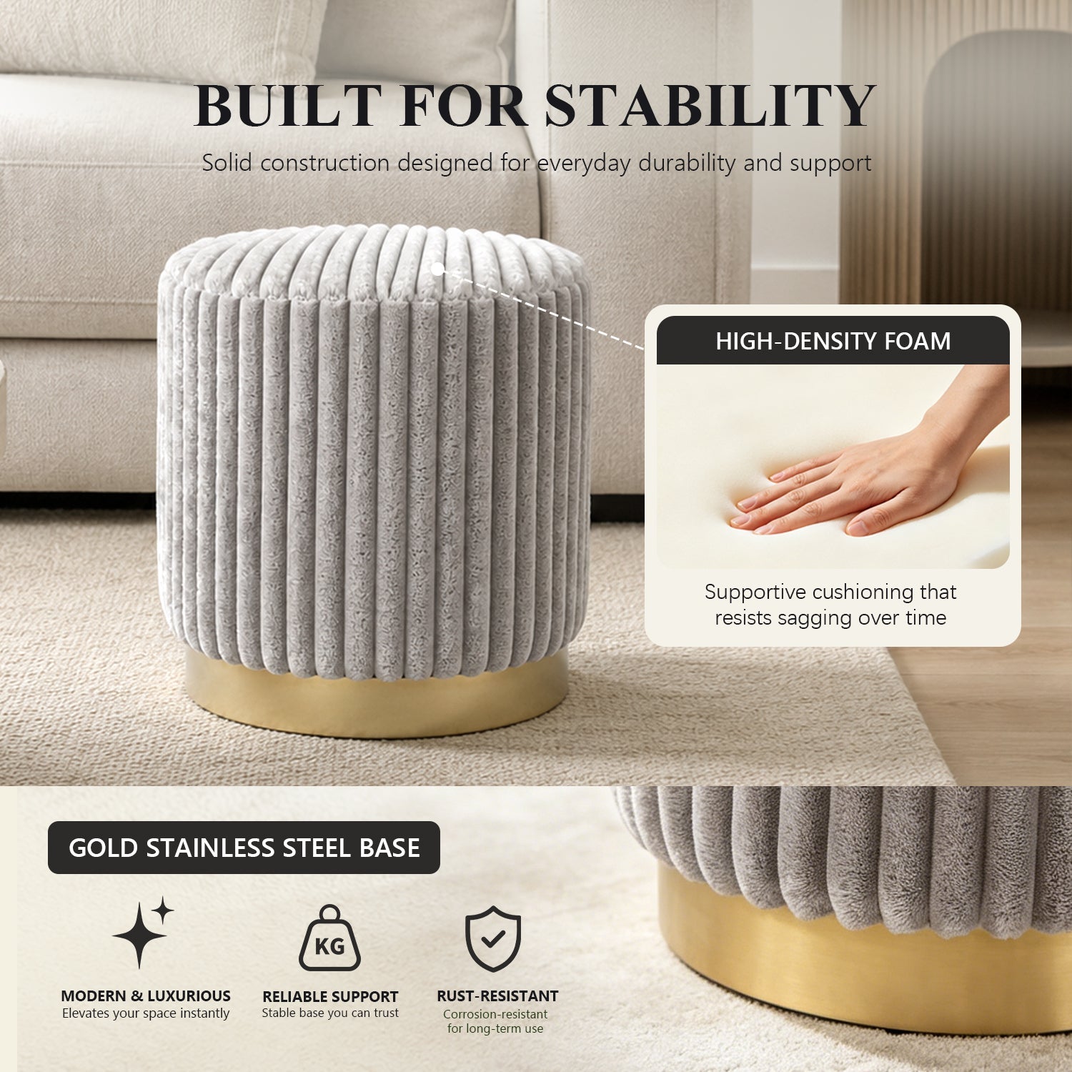 Contemporary Faux Fur Accent Stool with Gold Stainless Steel Base – Fully Assembled