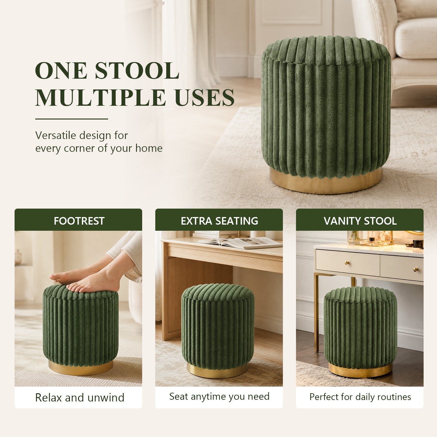 Contemporary Faux Fur Accent Stool with Gold Stainless Steel Base – Fully Assembled