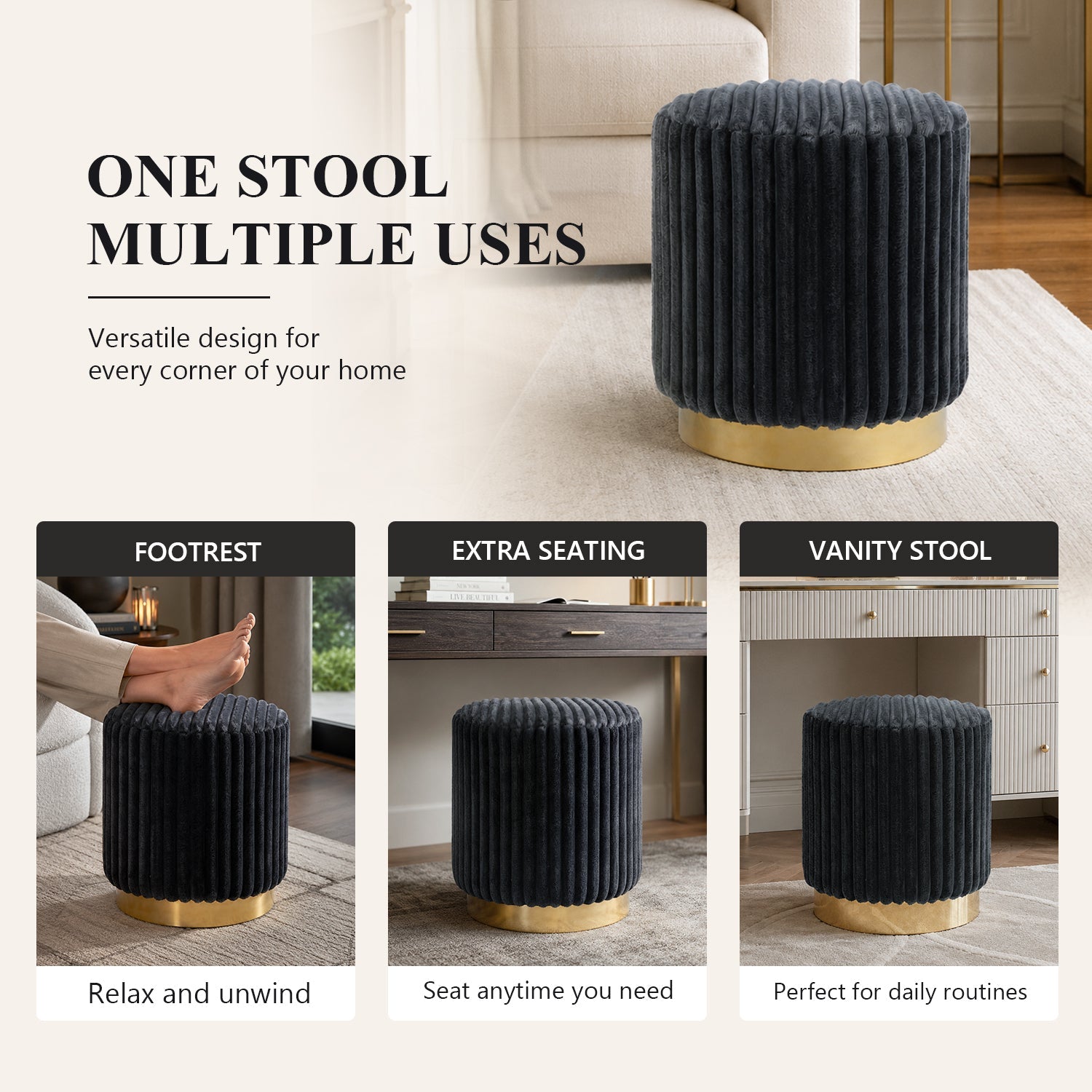 Contemporary Faux Fur Accent Stool with Gold Stainless Steel Base – Fully Assembled
