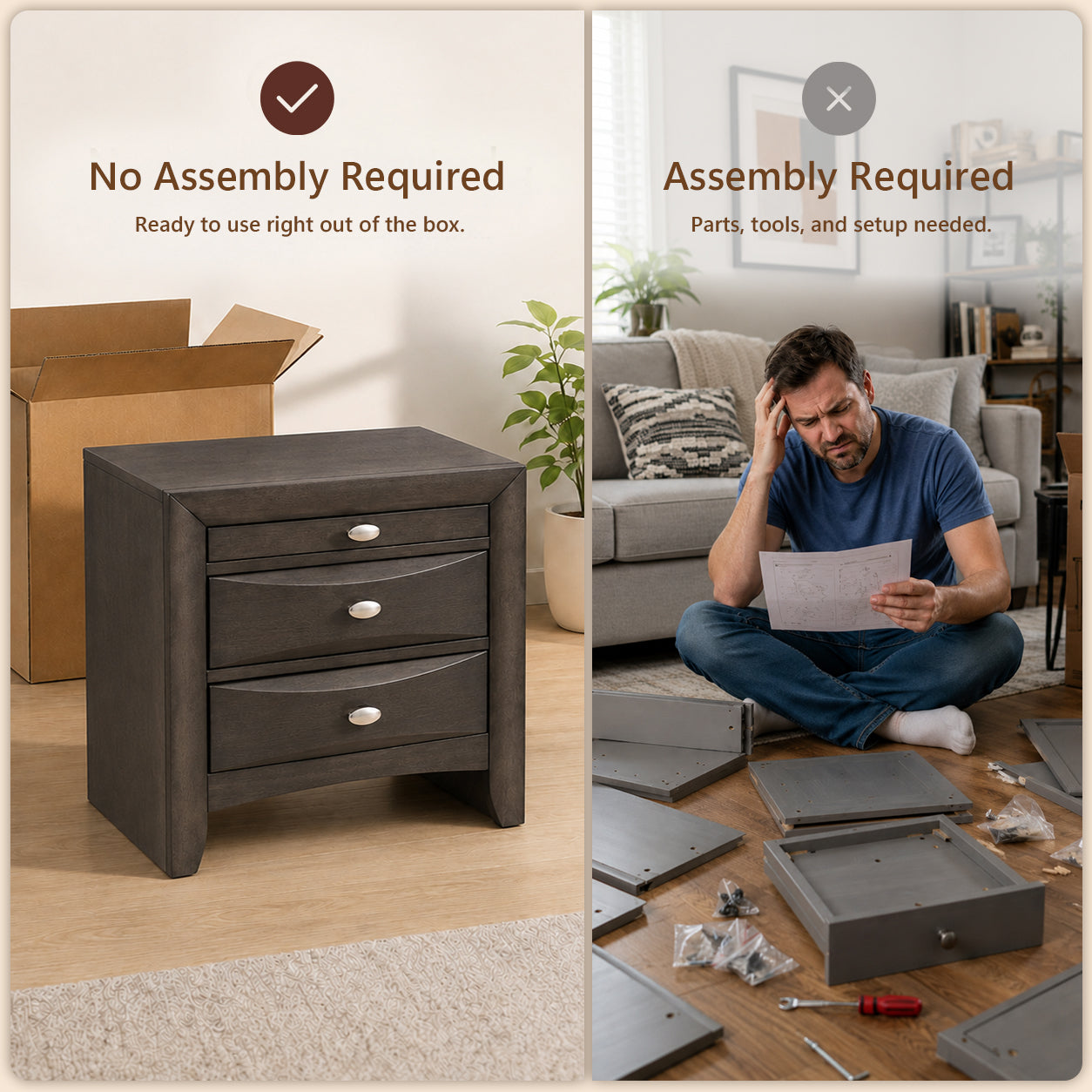 Fully Assembled Transitional Wood Nightstand – Solid Wood Bedside Table for Modern Bedrooms
