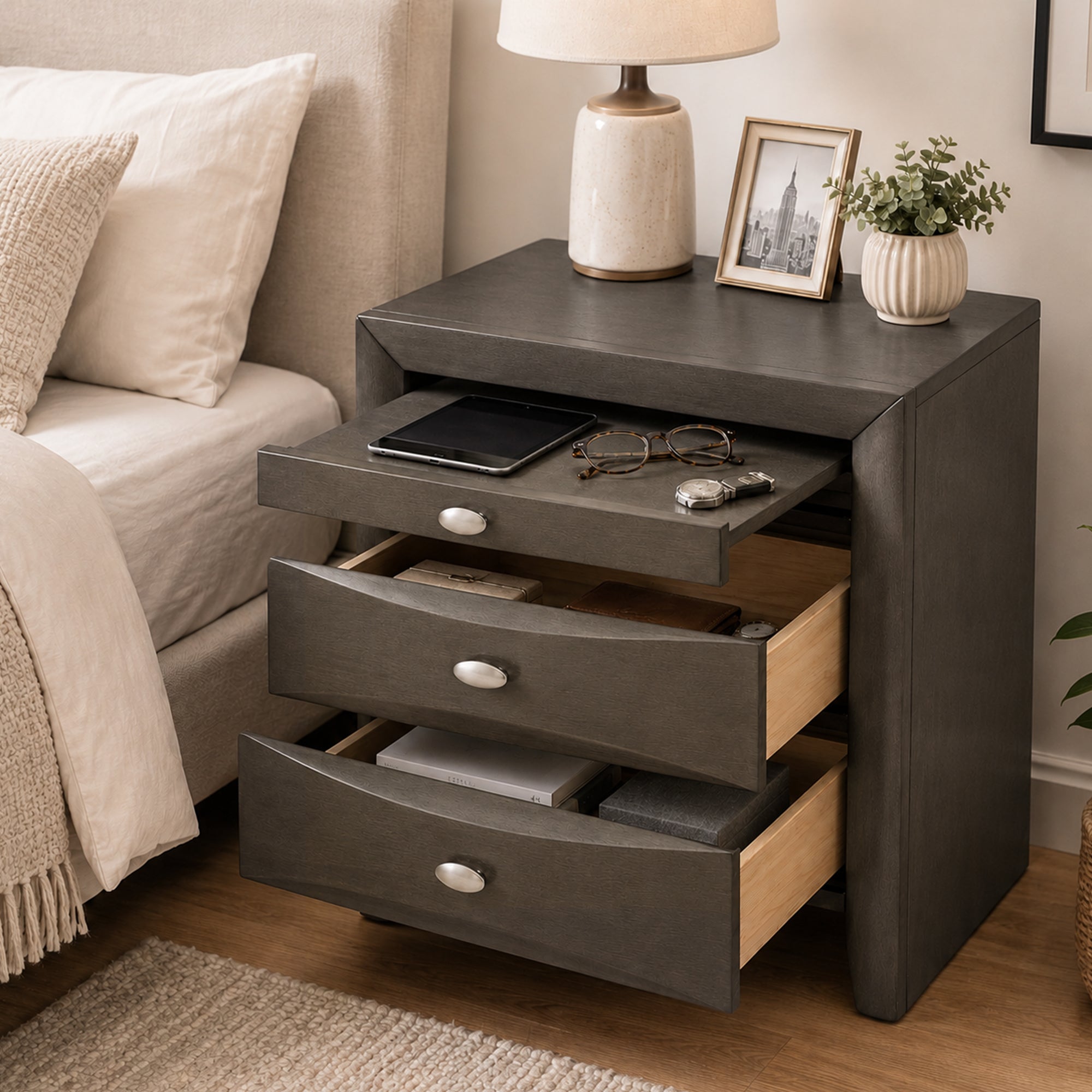 Fully Assembled Transitional Wood Nightstand – Solid Wood Bedside Table for Modern Bedrooms