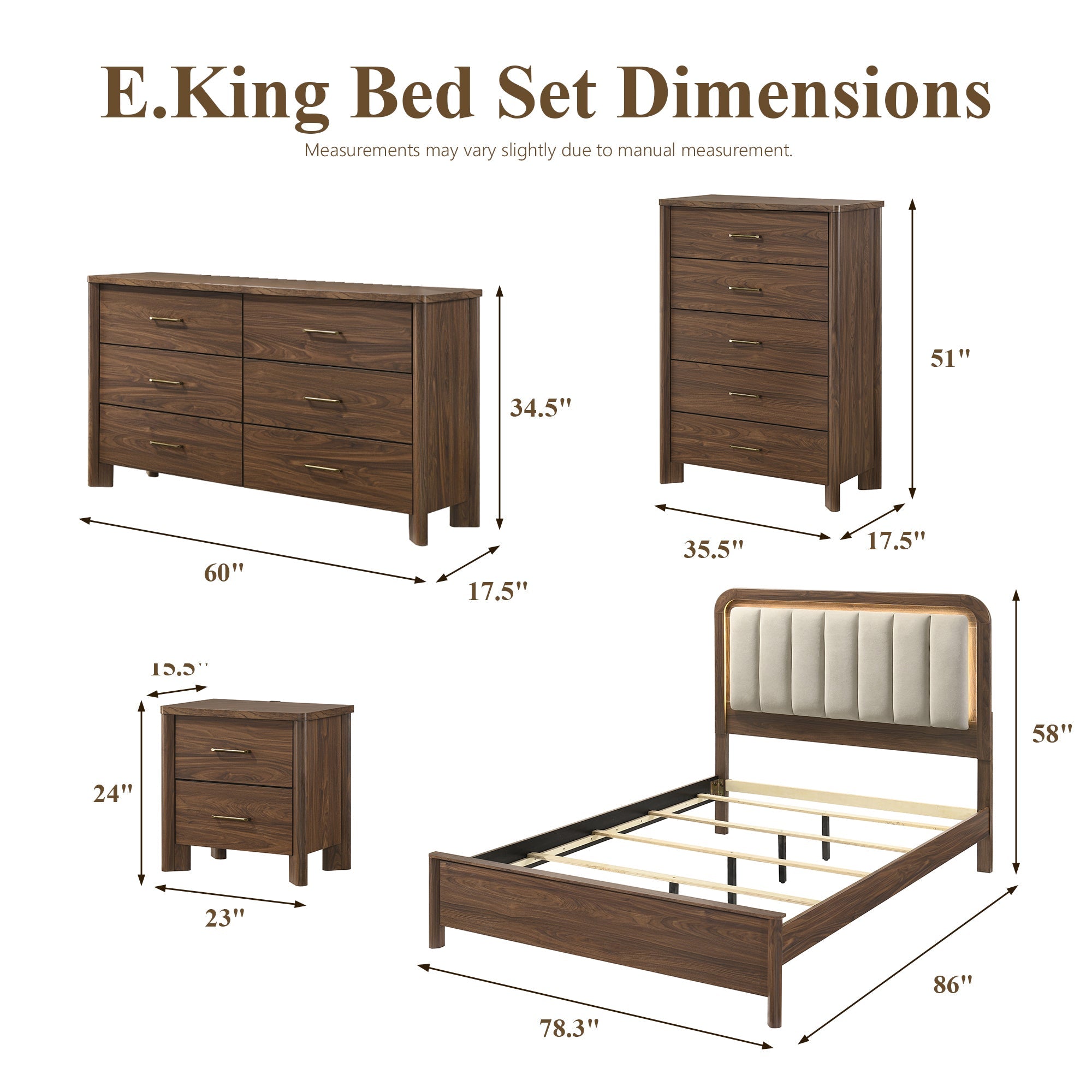 Mid-Century Modern Walnut 4-Piece Bedroom Set with Upholstered LED Platform Bed, Nightstand, Chest & Dresser with Optional Mirror