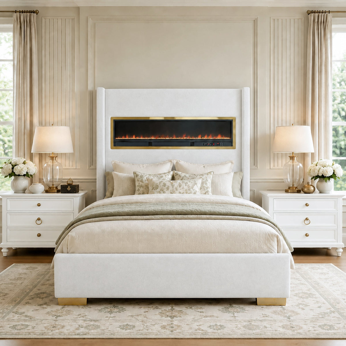 Contemporary Smart Platform Bed with 3D Fireplace LED Headboard, Bluetooth Audio, USB & TF Card Slots, Stainless Steel Frame