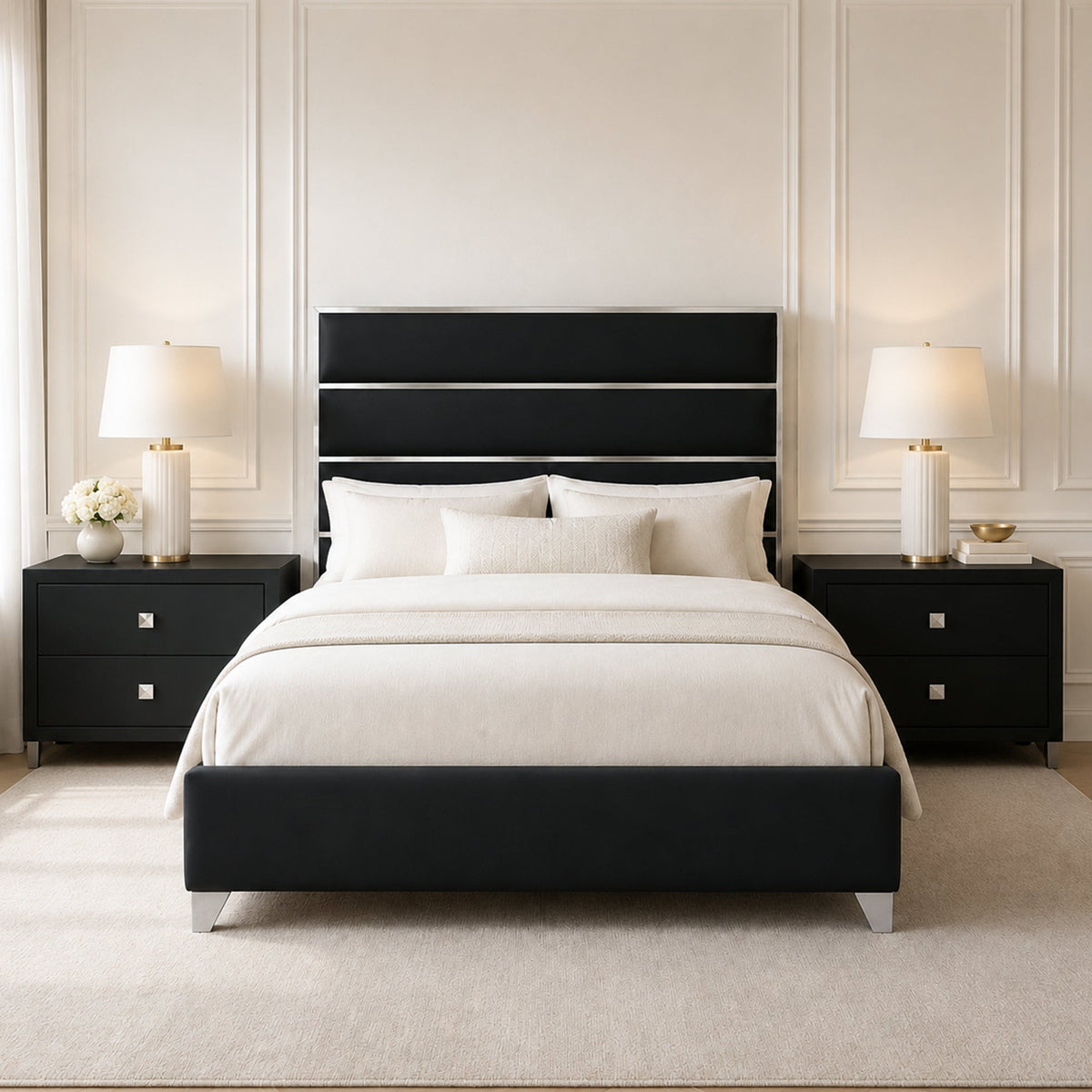 Modern Upholstered Bed with Stainless Steel Accents, Fully Upholstered Platform Bed, Mattress Ready