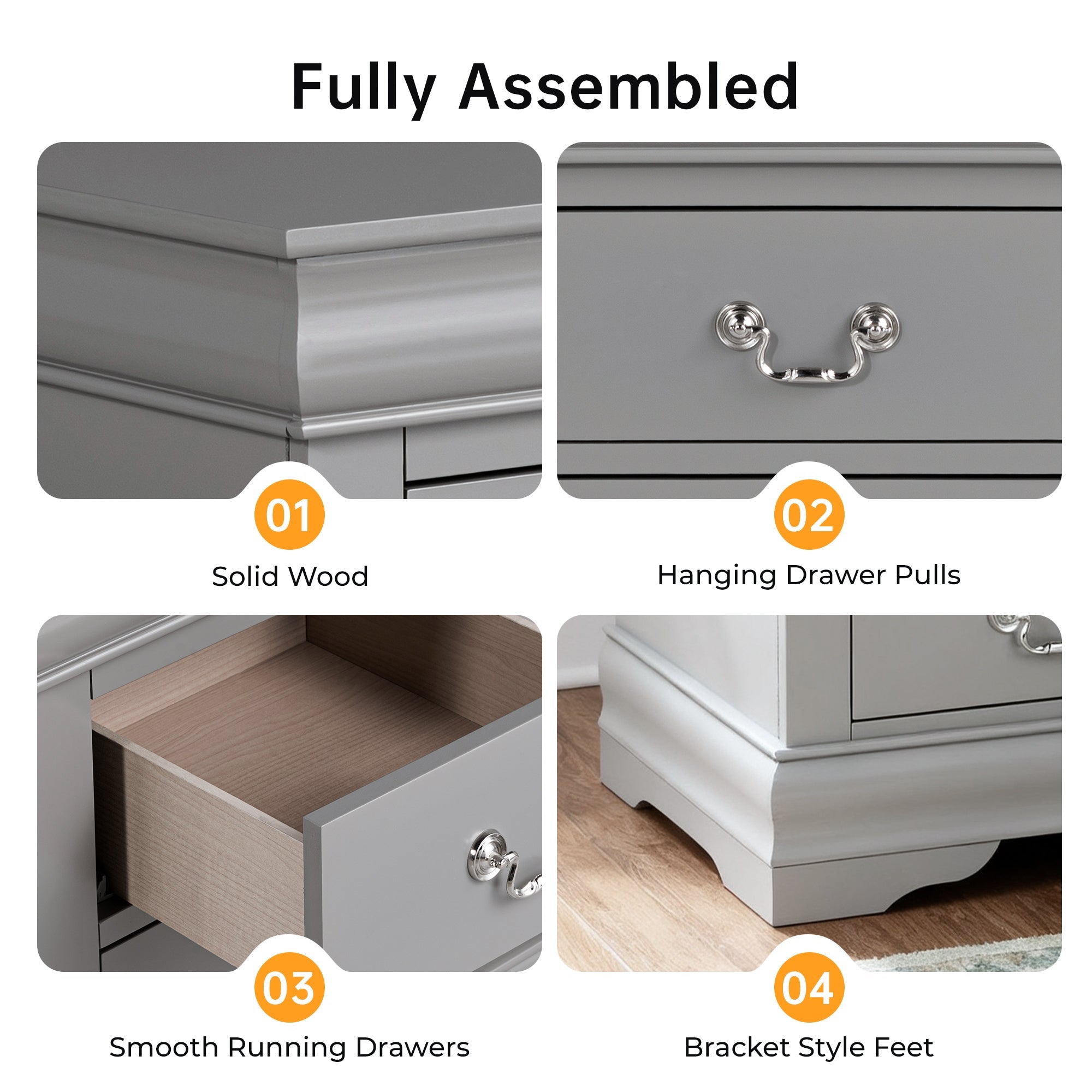 Fully Assembled Transitional Sleigh Wood Nightstand with 2 Dovetail Drawers and Metal Pulls