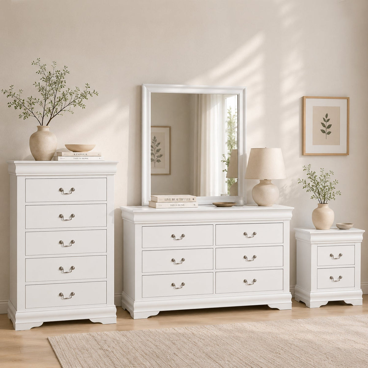 3-Piece Transitional Bedroom Storage Set with Nightstand, Chest & Dresser (Mirror Optional)