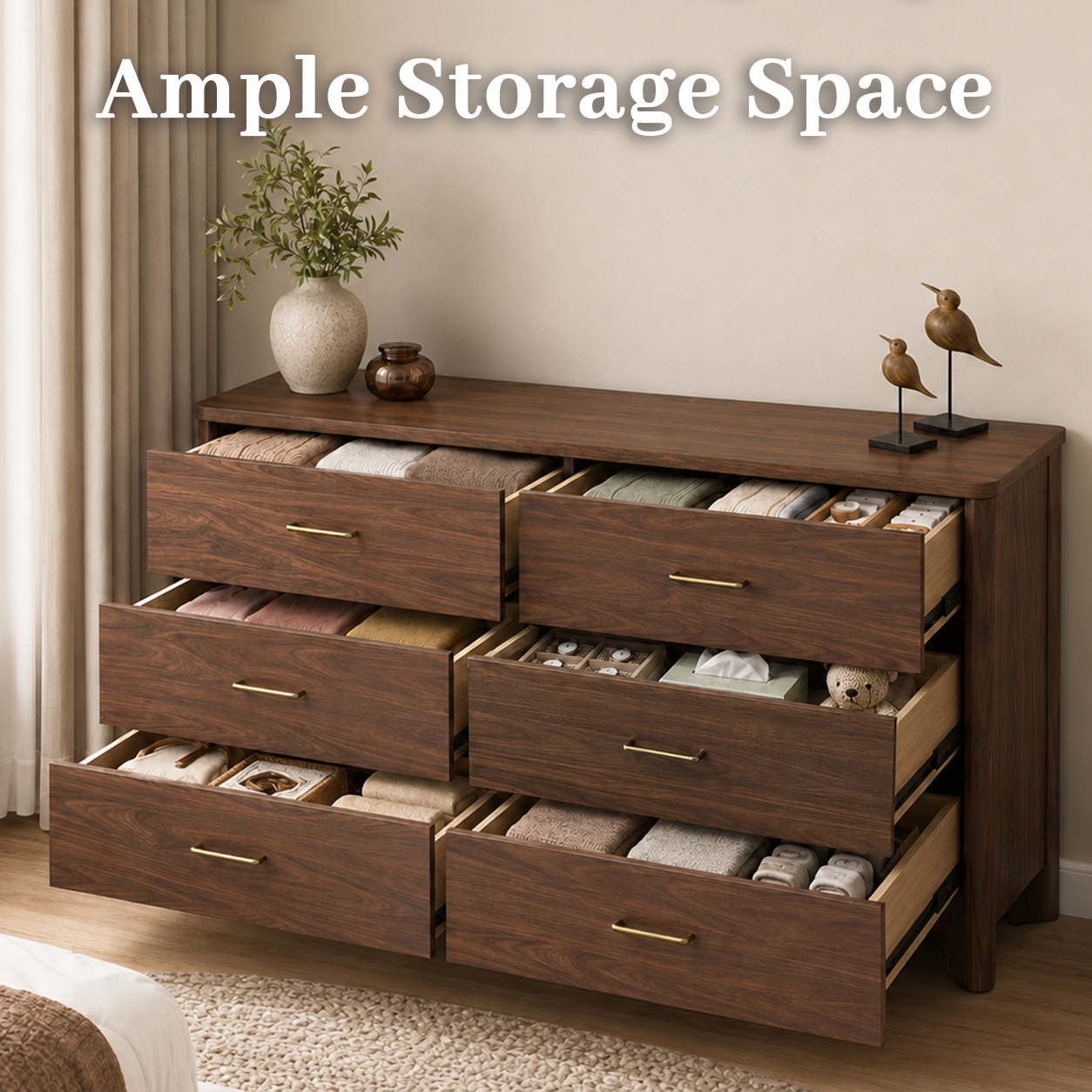 Mid-Century Modern Walnut 3-Piece Bedroom Storage Set with 2 Nightstands & Dresser with Optional Mirror