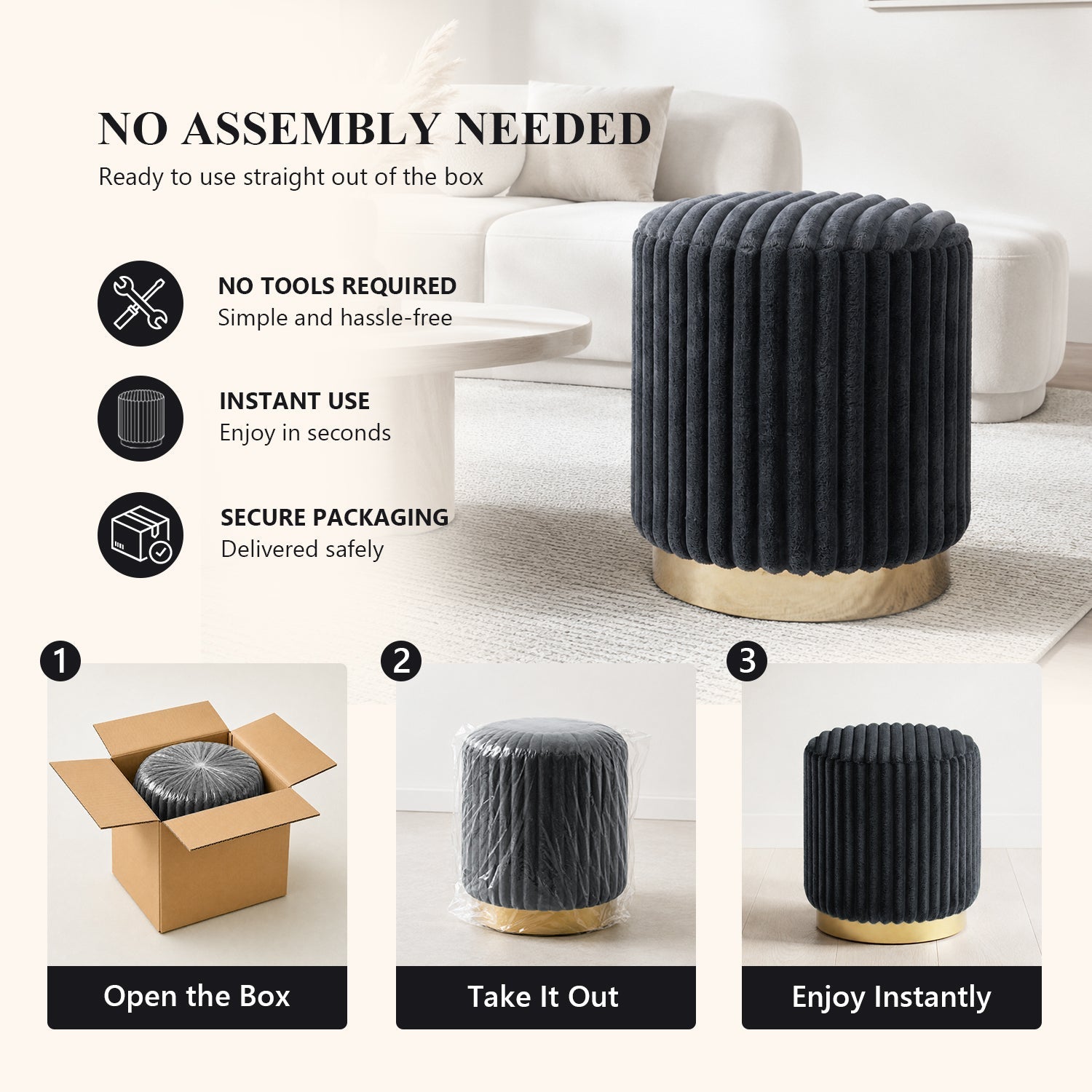 Contemporary Faux Fur Accent Stool with Gold Stainless Steel Base – Fully Assembled