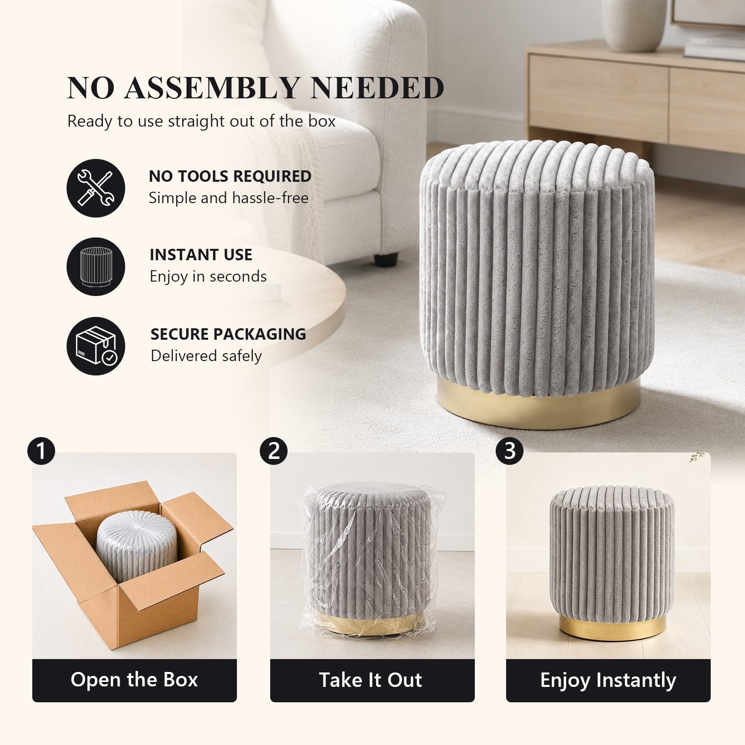 Contemporary Faux Fur Accent Stool with Gold Stainless Steel Base – Fully Assembled