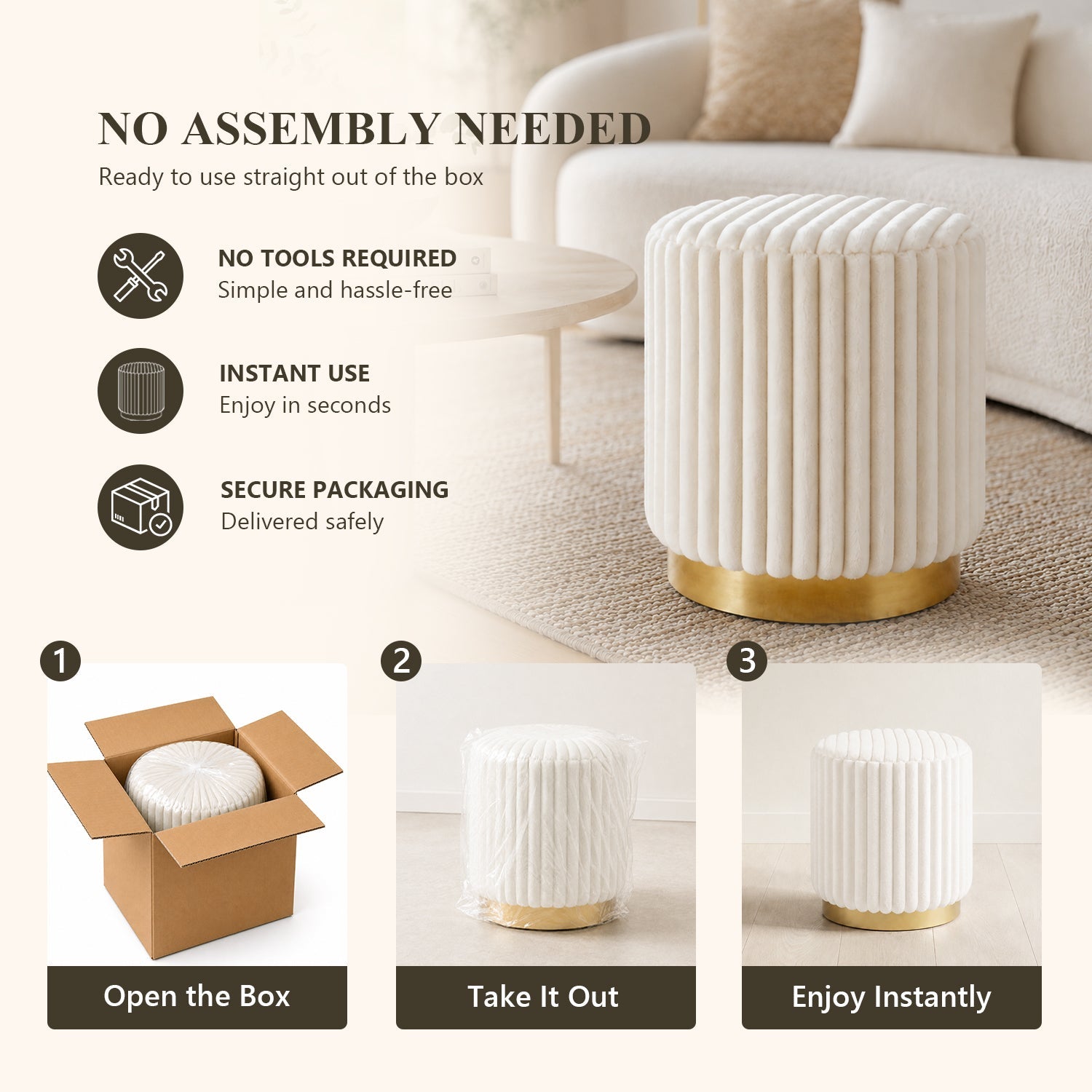 Contemporary Faux Fur Accent Stool with Gold Stainless Steel Base – Fully Assembled