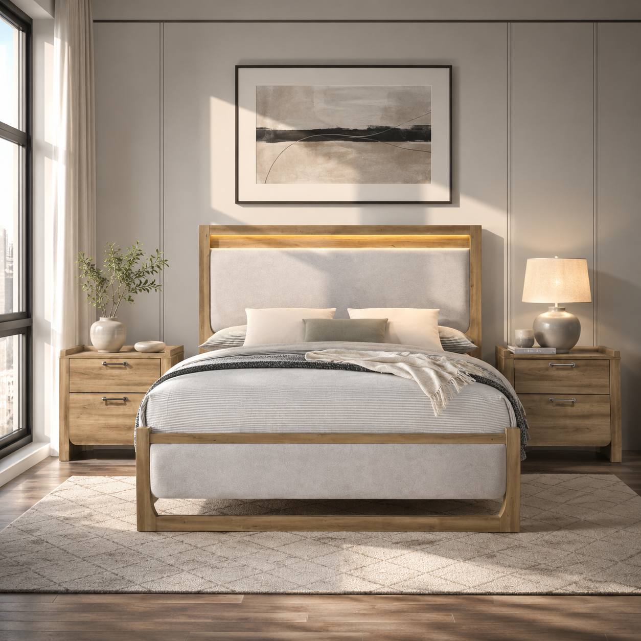 Transitional Natural Wood Nightstand with Raised Edge Top & Curved Drawer Front – Fully Assembled
