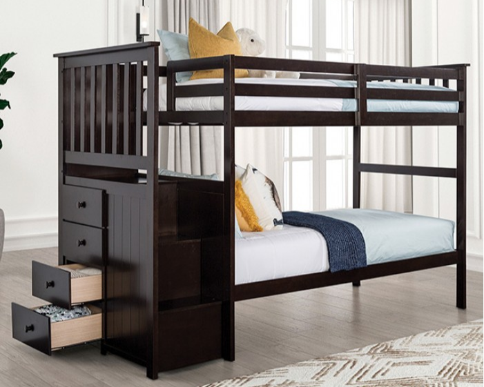 Ontario Space-Saving Twin Over Twin Bunk Bed with Built-In Storage Stairs – Espresso Finish