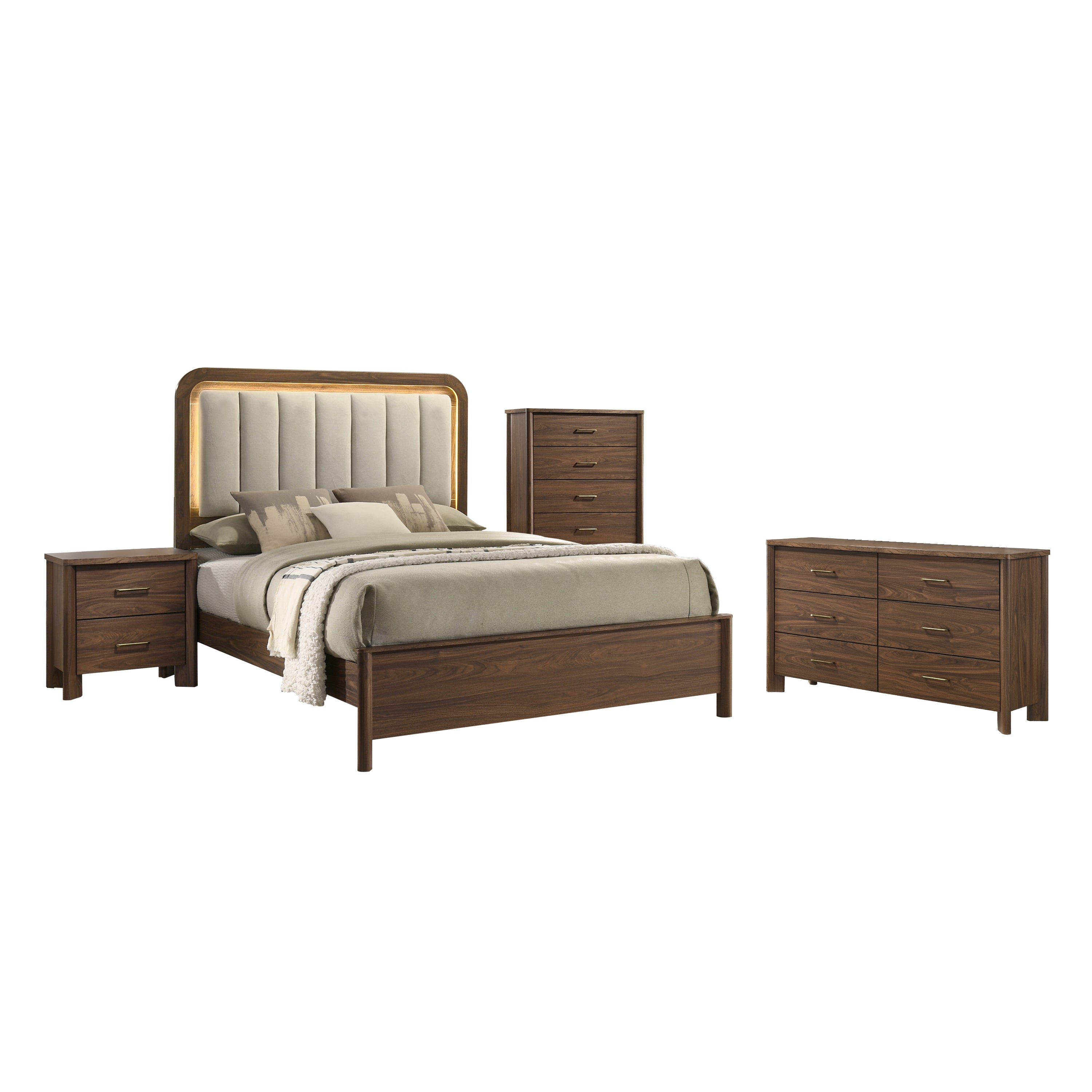 Mid-Century Modern Walnut 4-Piece Bedroom Set with Upholstered LED Platform Bed, Nightstand, Chest & Dresser with Optional Mirror