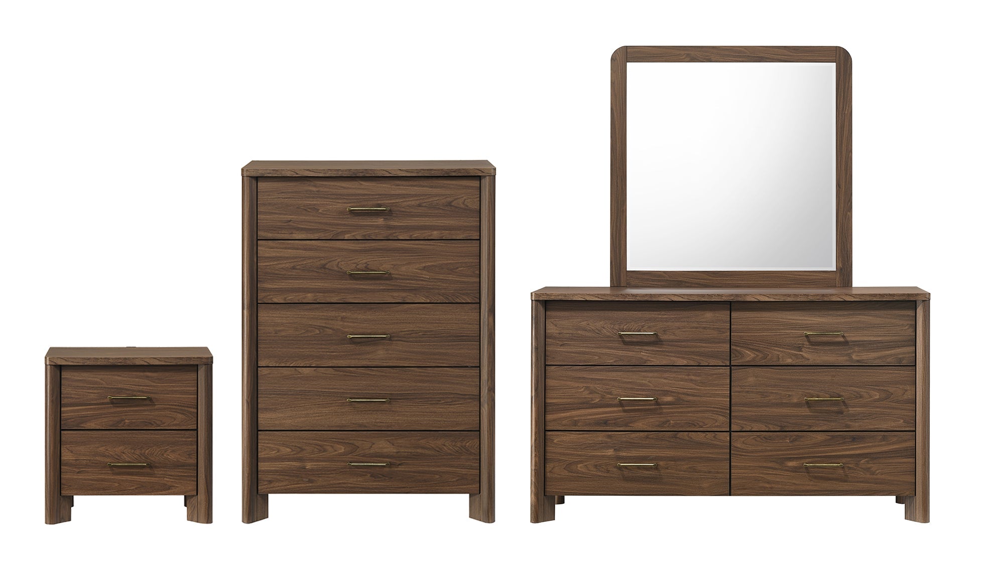 Mid-Century Modern Walnut 3-Piece Bedroom Storage Set with Nightstand, Chest & Dresser with Optional Mirror