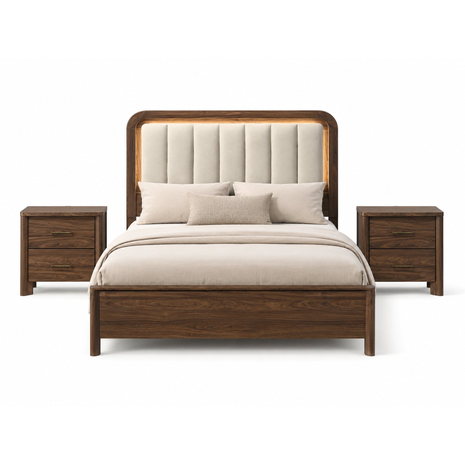 Mid-Century Modern Walnut 3-Piece Bedroom Set with Upholstered LED Platform Bed & 2 USB Charging Nightstands