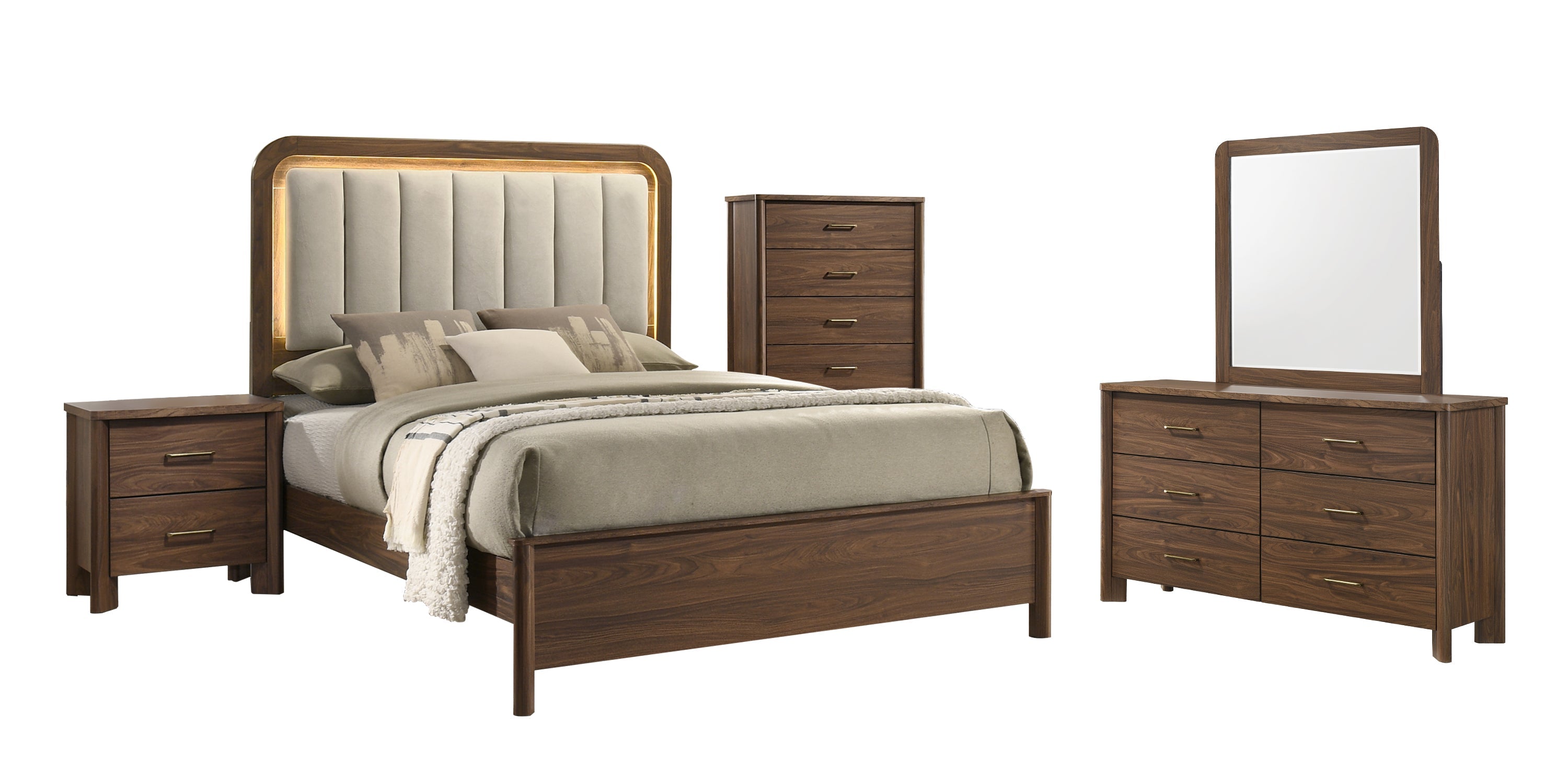 Mid-Century Modern Walnut 4-Piece Bedroom Set with Upholstered LED Platform Bed, Nightstand, Chest & Dresser with Optional Mirror