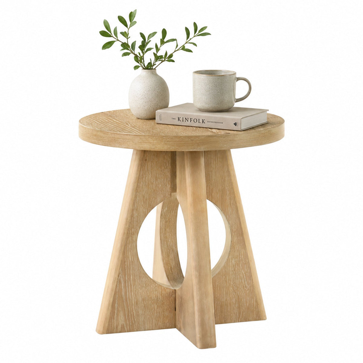 Contemporary Round End Table with Oak Veneer, Pedestal Base & Cross-Shaped Cutout Design