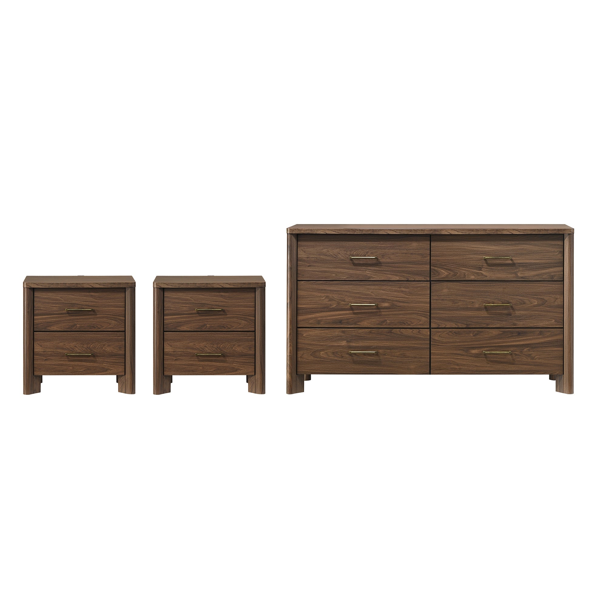 Mid-Century Modern Walnut 3-Piece Bedroom Storage Set with 2 Nightstands & Dresser with Optional Mirror