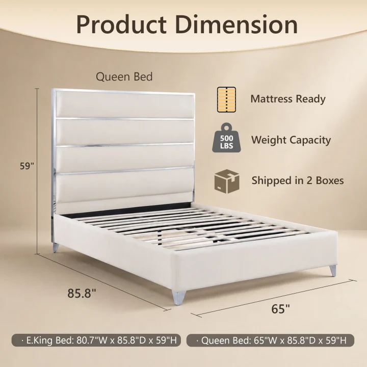 Modern Upholstered Bed with Stainless Steel Accents, Fully Upholstered Platform Bed, Mattress Ready