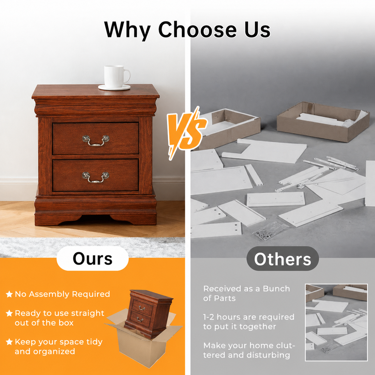Fully Assembled Transitional Sleigh Wood Nightstand with 2 Dovetail Drawers and Metal Pulls