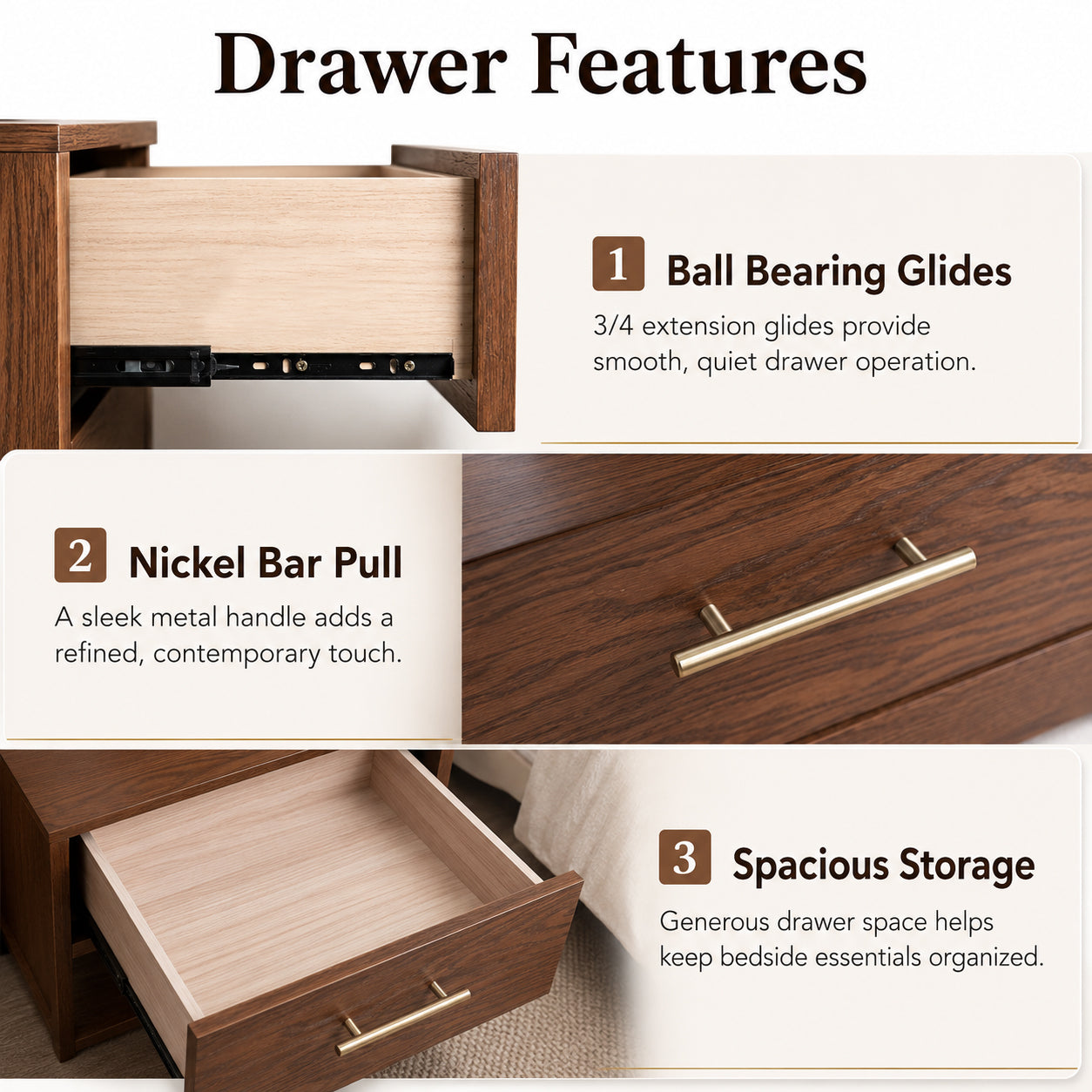 Fully Assembled Mid-Century Modern Walnut Nightstand with Tapered Legs & Nickel Bar Pulls