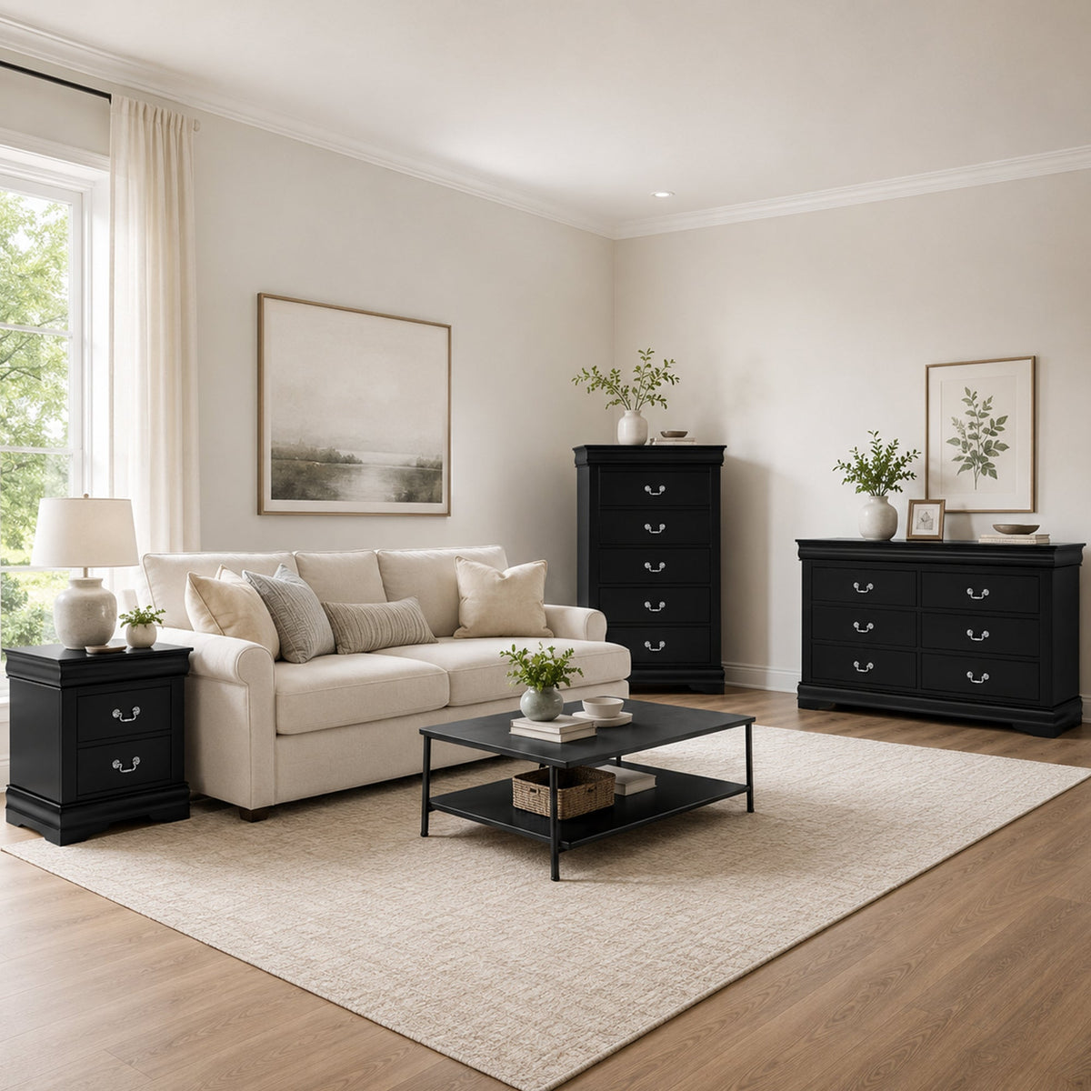 3-Piece Transitional Bedroom Storage Set with Nightstand, Chest & Dresser (Mirror Optional)