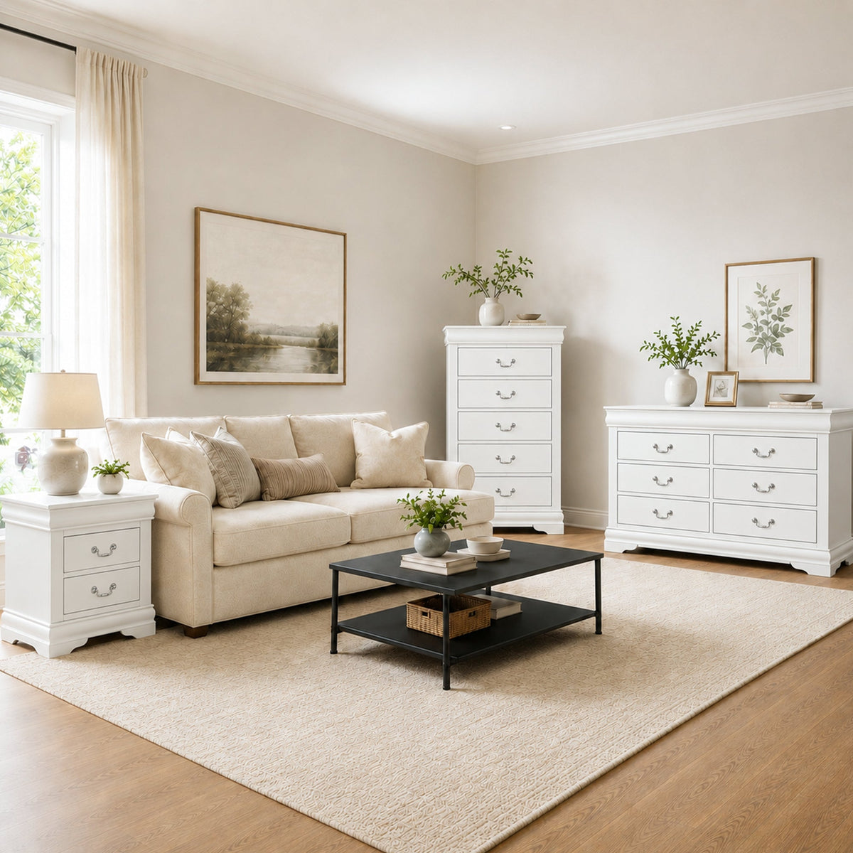 3-Piece Transitional Bedroom Storage Set with Nightstand, Chest & Dresser (Mirror Optional)