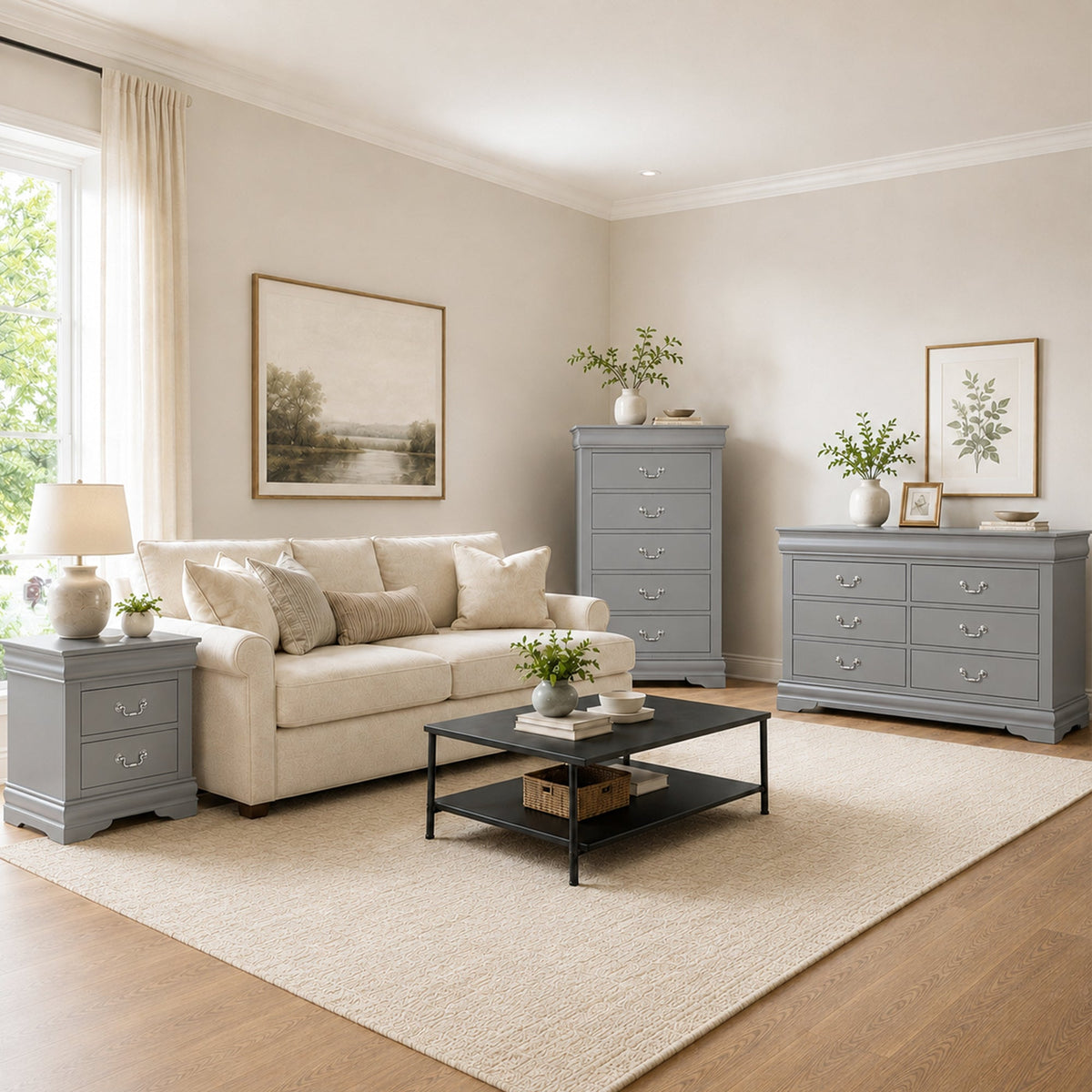 3-Piece Transitional Bedroom Storage Set with Nightstand, Chest & Dresser (Mirror Optional)