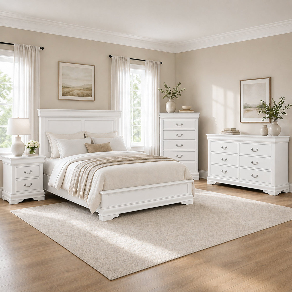 3-Piece Transitional Bedroom Storage Set with Nightstand, Chest & Dresser (Mirror Optional)