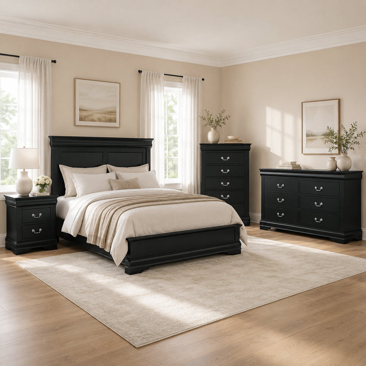 3-Piece Transitional Bedroom Storage Set with Nightstand, Chest & Dresser (Mirror Optional)