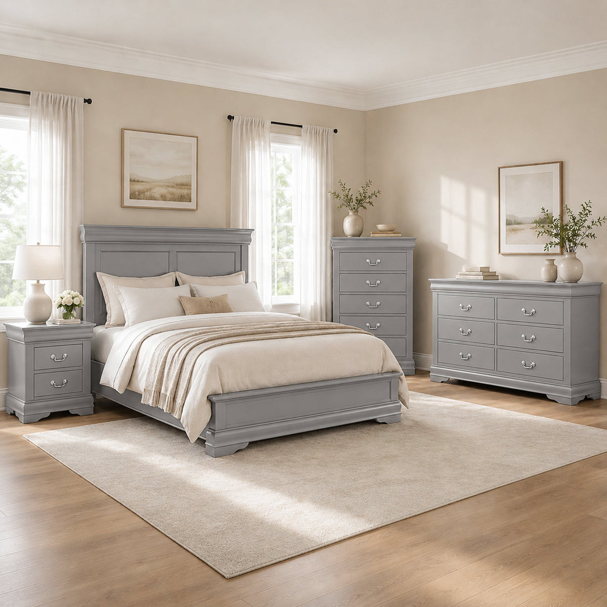 3-Piece Transitional Bedroom Storage Set with Nightstand, Chest & Dresser (Mirror Optional)