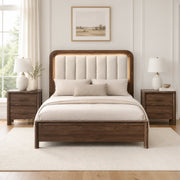 Mid-Century Modern Walnut 3-Piece Bedroom Set with Upholstered LED Platform Bed & 2 USB Charging Nightstands